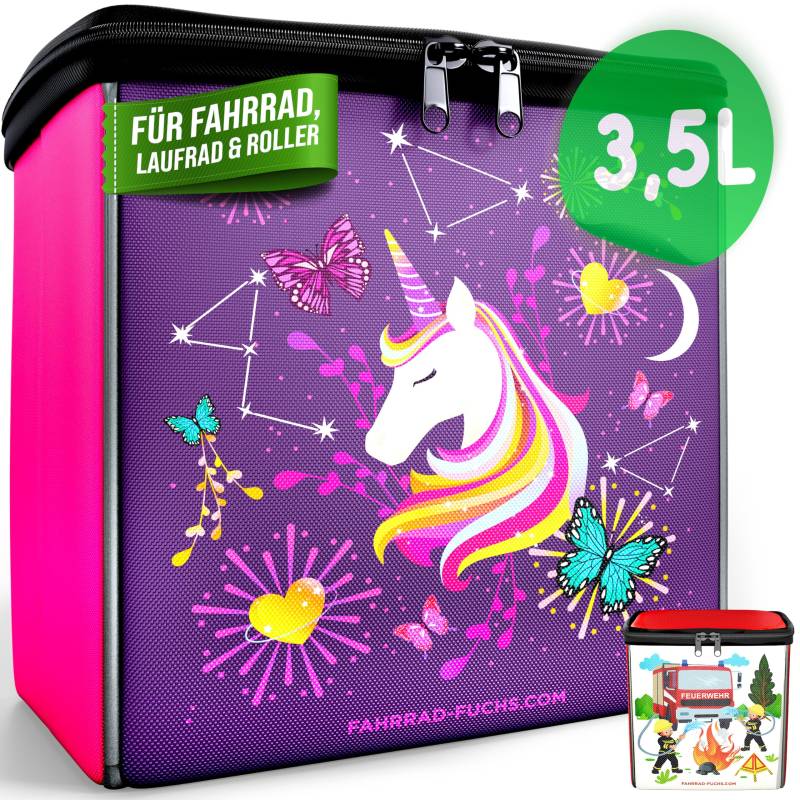 Fahrrad Lenkertasche für Kinder - Einhorn-Design - 3,5L Volumen - wasserabweisend & reflektierend - für Fahrrad, Laufrad & Roller mit einfacher Klemmverschluss-Befestigung von Fahrrad Fuchs