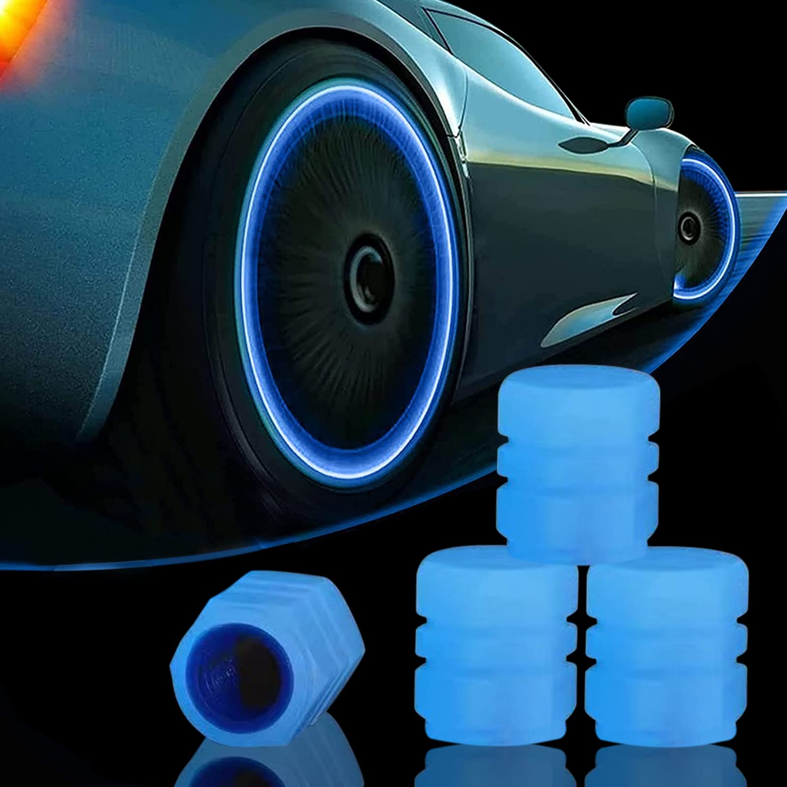 4 Stück Leuchtende Reifenventilkappe, Fluoreszierende Autoreifen, Universelle Auto Reifen Ventilkappen, Funkeln in der Nacht, Coole Reifendeko, für Reifen für Autos, Motorräder und Fahrräder(Blau) von Famini