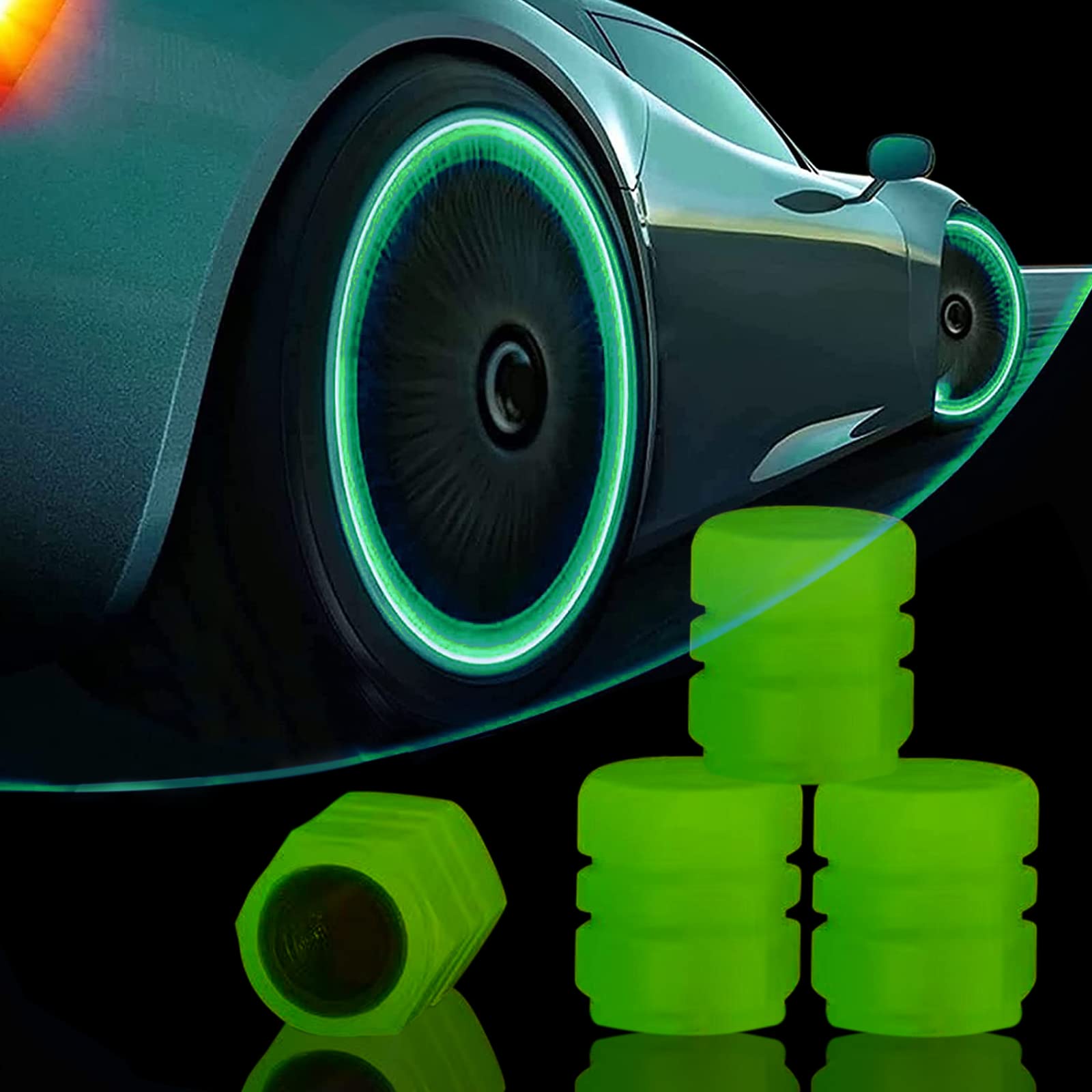 4 Stück Leuchtende Reifenventilkappe, Fluoreszierende Autoreifen, Universelle Auto Reifen Ventilkappen, Funkeln in der Nacht, Coole Reifendeko, für Reifen für Autos, Motorräder und Fahrräder(Grün) von Famini