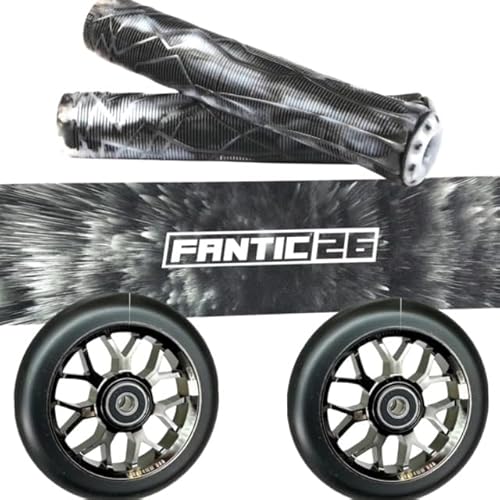 Fantic26 Stunt-Scooter Trick Roller Ersatzteile Bundle I Ethic DTC Soft Griffe mit Barends I F26 Spy7 110mm Abec11 Rollen blackchrome I Griptape Kreidebomb Schwarz/Weiß von Fantic26