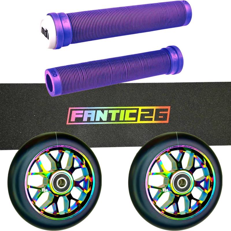 Fantic26 Stunt-Scooter Trick Roller Ersatzteile Bundle I ODI SLX Soft Griffe mit Barends I F26 Spy7 110mm Abec11 Rollen I Griptape Basic Rainbow Neochrome von Fantic26