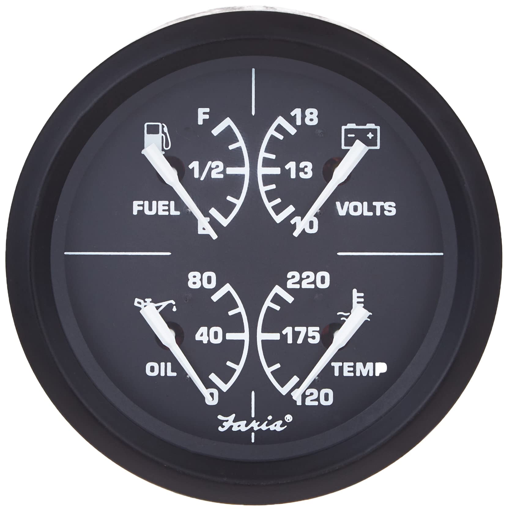 Faria - 3003.3415 32851 Euro Multifunktions-Kraftstoffstand/Öl-PSI (80 PSI)/Wassertemperatur (90-121 °C)/Voltmeter (10-16 VDC) - 4 Zoll, schwarz von Faria Beede INSTRUMENTS