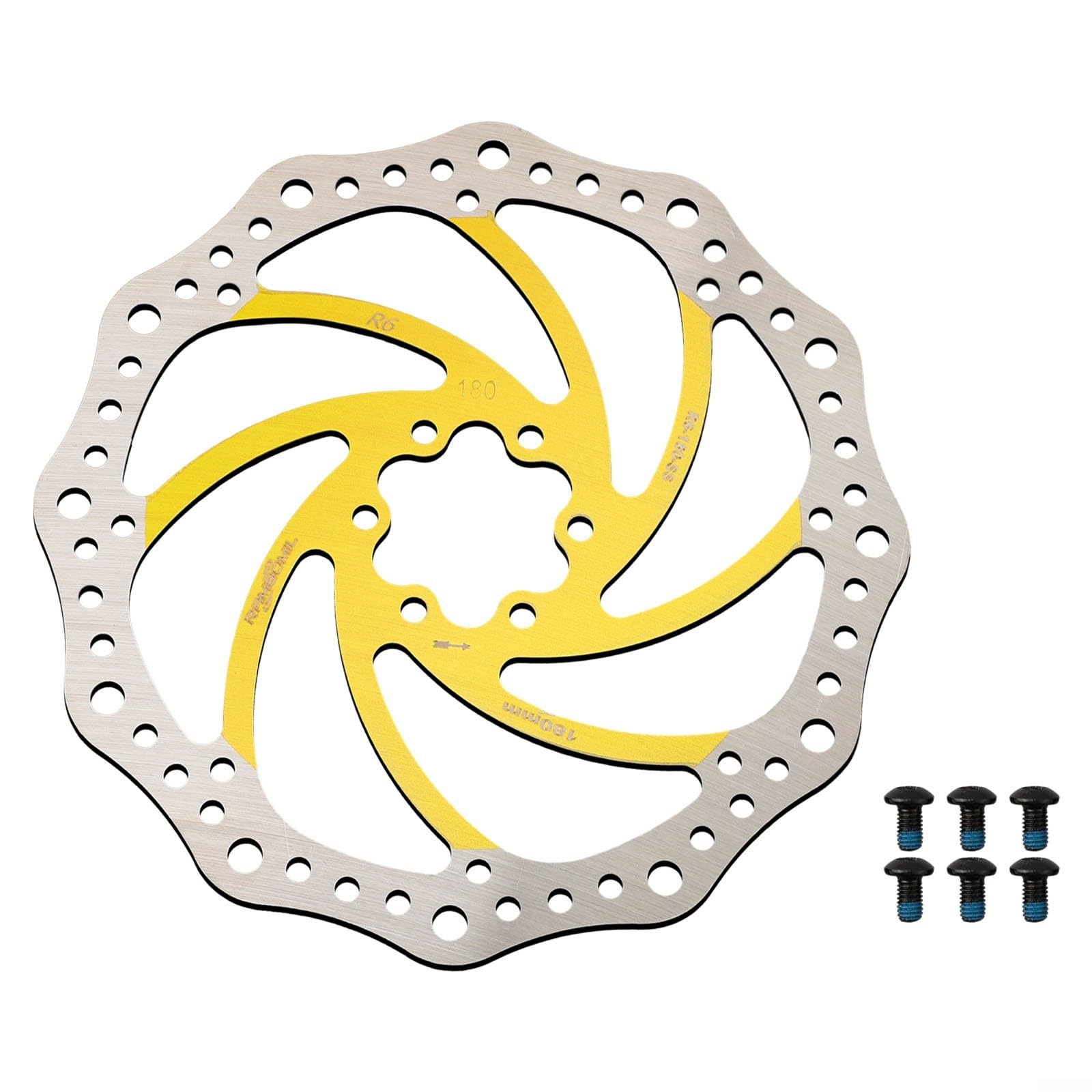 Fauhapyway Scheibenbremse für Rotor-Fahrrad, 160/180/203 mm, MTB-Fahrrad, schwimmend, 6-Bolzen, Wärmeableitung, Edelstahl, für Langstreckenfahrten, Geländefahrten (Gelb 180) von Fauhapyway