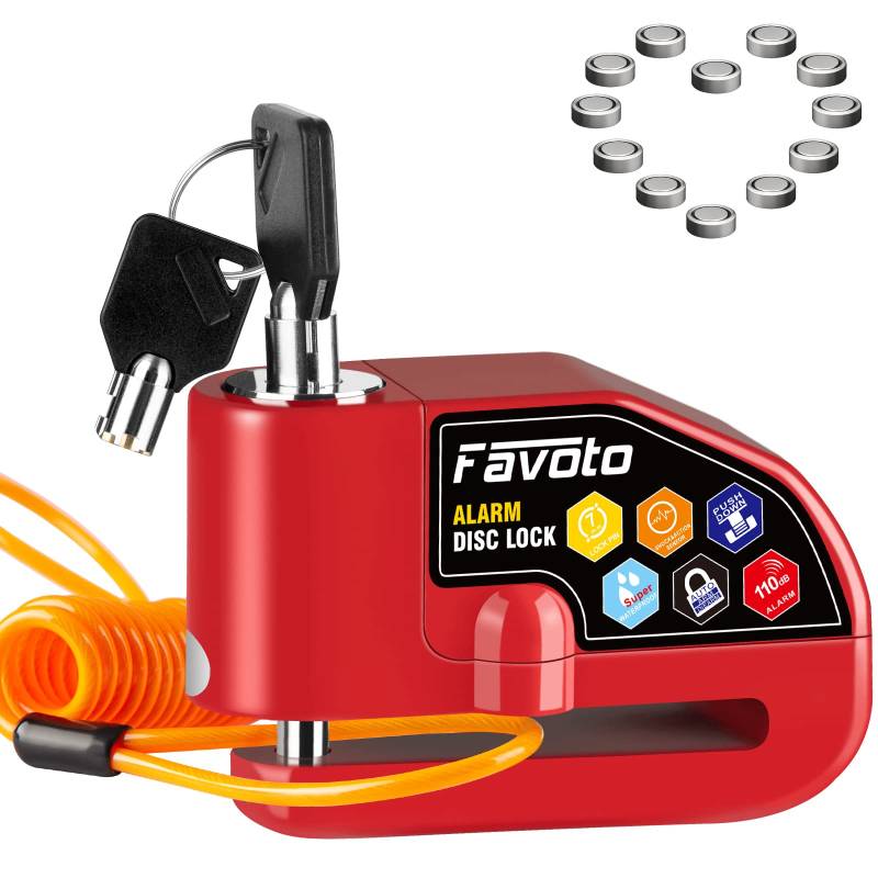 Favoto Motorrad Bremsscheibenschloss Alarm Scheibenschloss,2 Schlüssel und 12 Batterien (3 Jahre Verfügbar) 110dB Laute Motorradschloss Fahrradschloss mit1.2m Erinnerungskabel Rot von Favoto