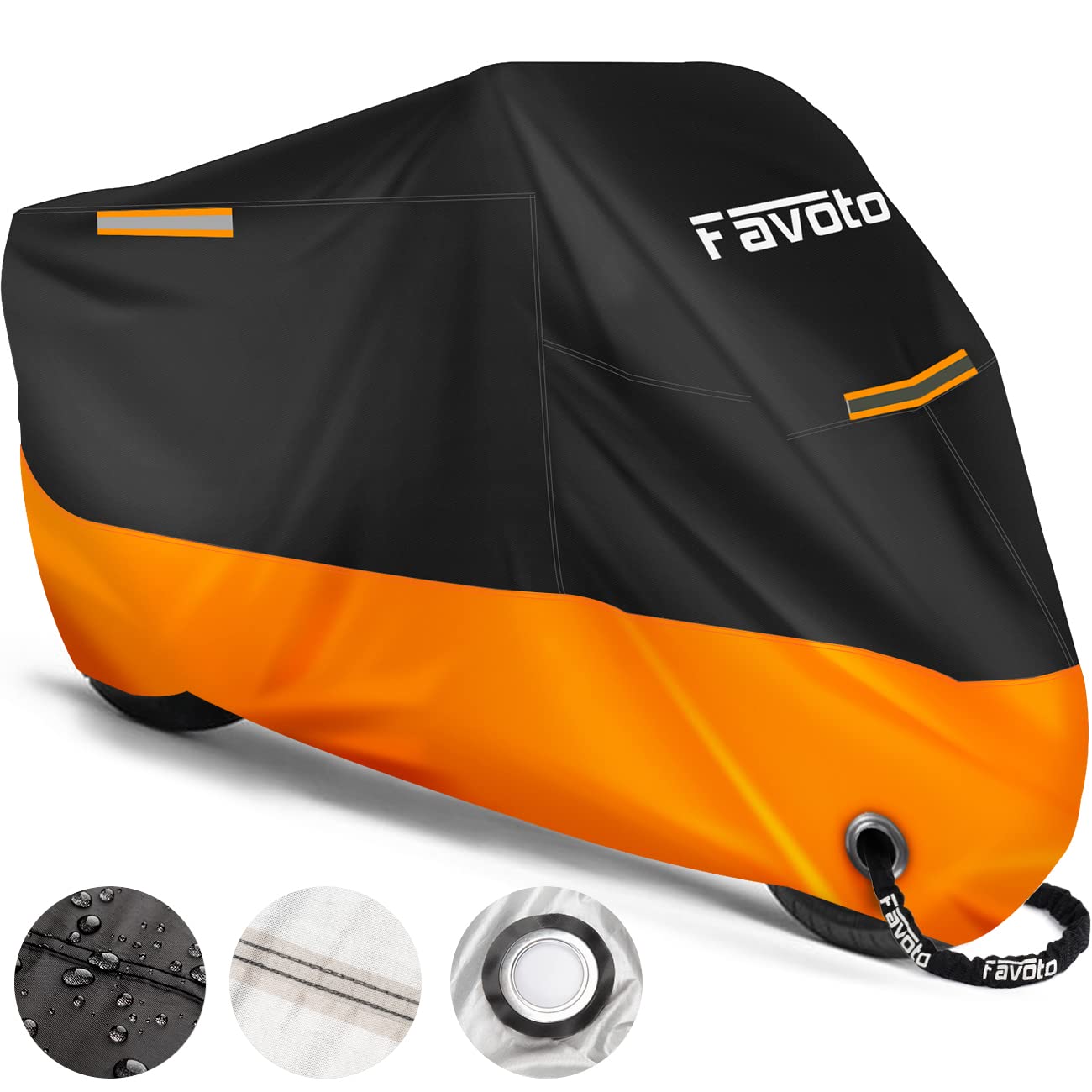 Favoto Verbesserte Version Wasserdicht Motorradabdeckung Motorrad Abdeckplane Outdoor Motorradgarage Motorroller Abdeckung Winddicht XXL mit 2 Gürtelschnalle Schwarz-Orange 220cmx105cmx125cm von Favoto