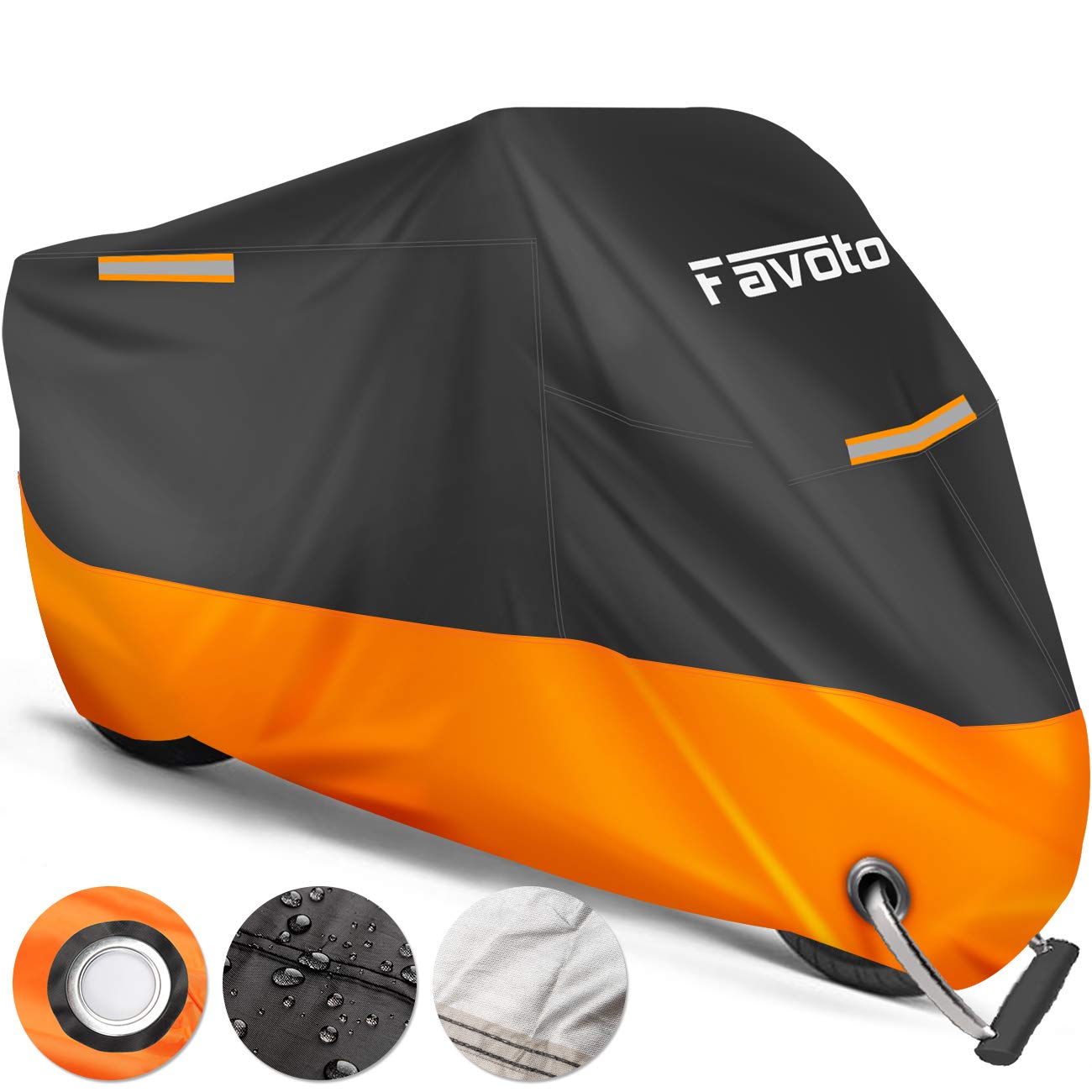 Favoto Verbesserte Version Wasserdicht Motorradabdeckung Motorrad Abdeckplane Outdoor Motorradgarage Motorroller Abdeckung Winddicht Orange-Schwarz XXXL mit 2 Gürtelschnalle von Favoto