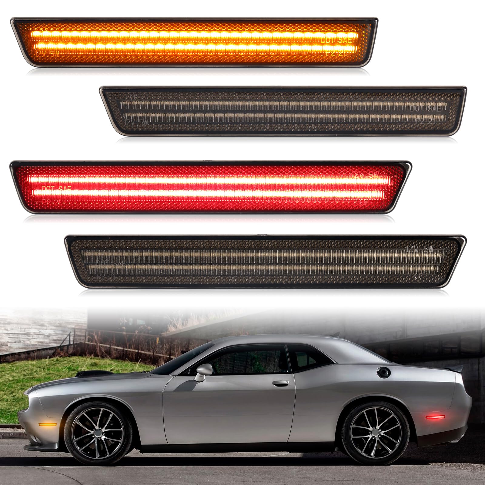 FetonAuto 4PCS LED Seitenmarkierungsleuchten für Dodge Challenger 2015 2016 2017 2018 2019 2020 2021 2022, geräucherte Linse Bernstein rot vorne hinten Stoßstange Lampe FetonAuto 4PCS LED Seitenmarkierungsleuchten für Dodge Challenger 2015 2016 2017 2018 2019 2020 2021 2022, geräucherte Linse Bernstein rot vorne hinten Stoßstange Lampe von FetonAuto