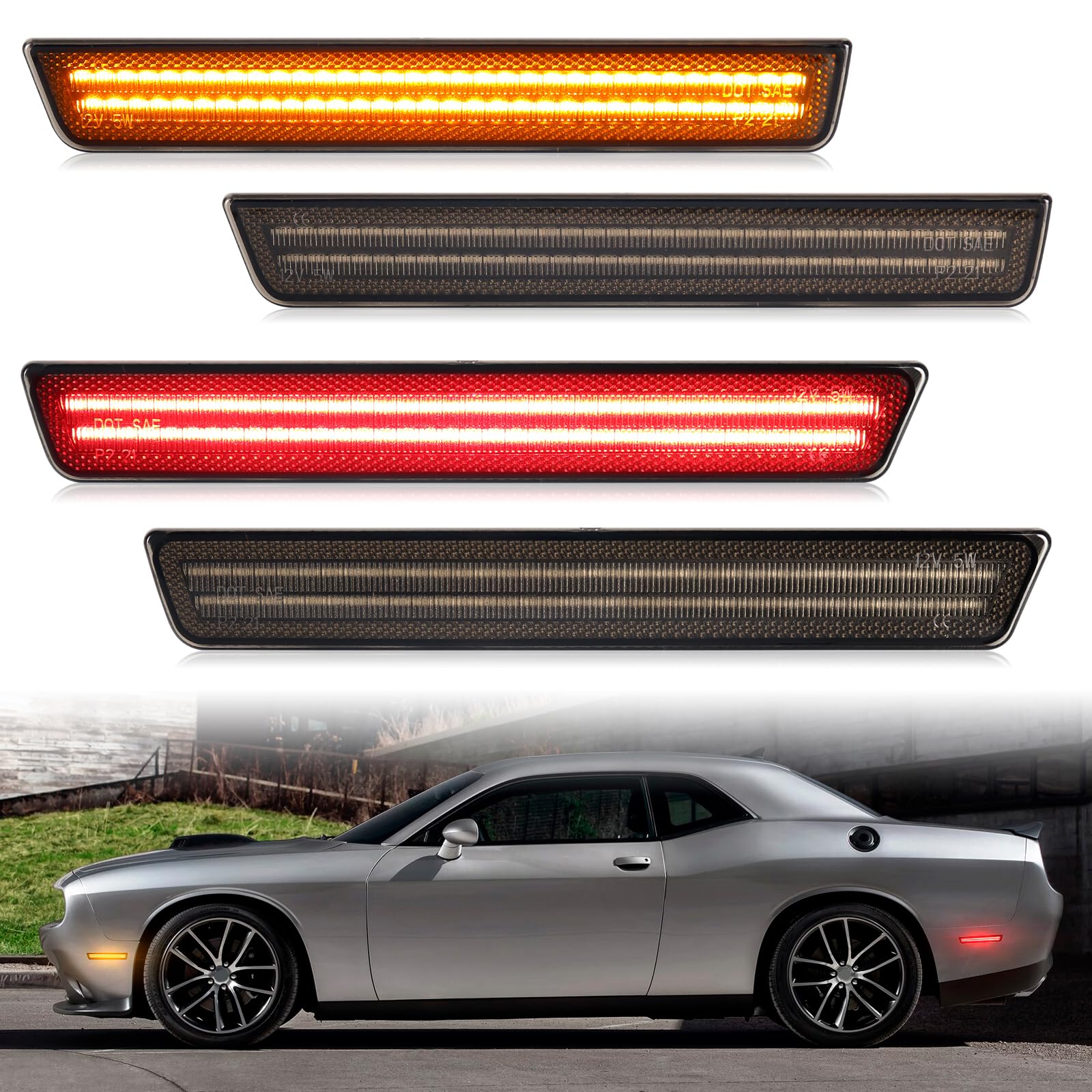 FetonAuto 4PCS LED Side Marker Lights for Dodge Challenger 2015 2016 2017 2018 2019 2020 2021 2022, Smoked Lens Amber Red Front Rear Bumper Lamp von FetonAuto