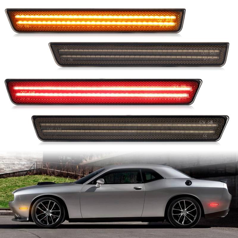 FetonAuto 4PCS LED Seitenmarkierungsleuchten für Dodge Challenger 2015 2016 2017 2018 2019 2020 2021 2022, geräucherte Linse Bernstein rot vorne hinten Stoßstange Lampe von FetonAuto