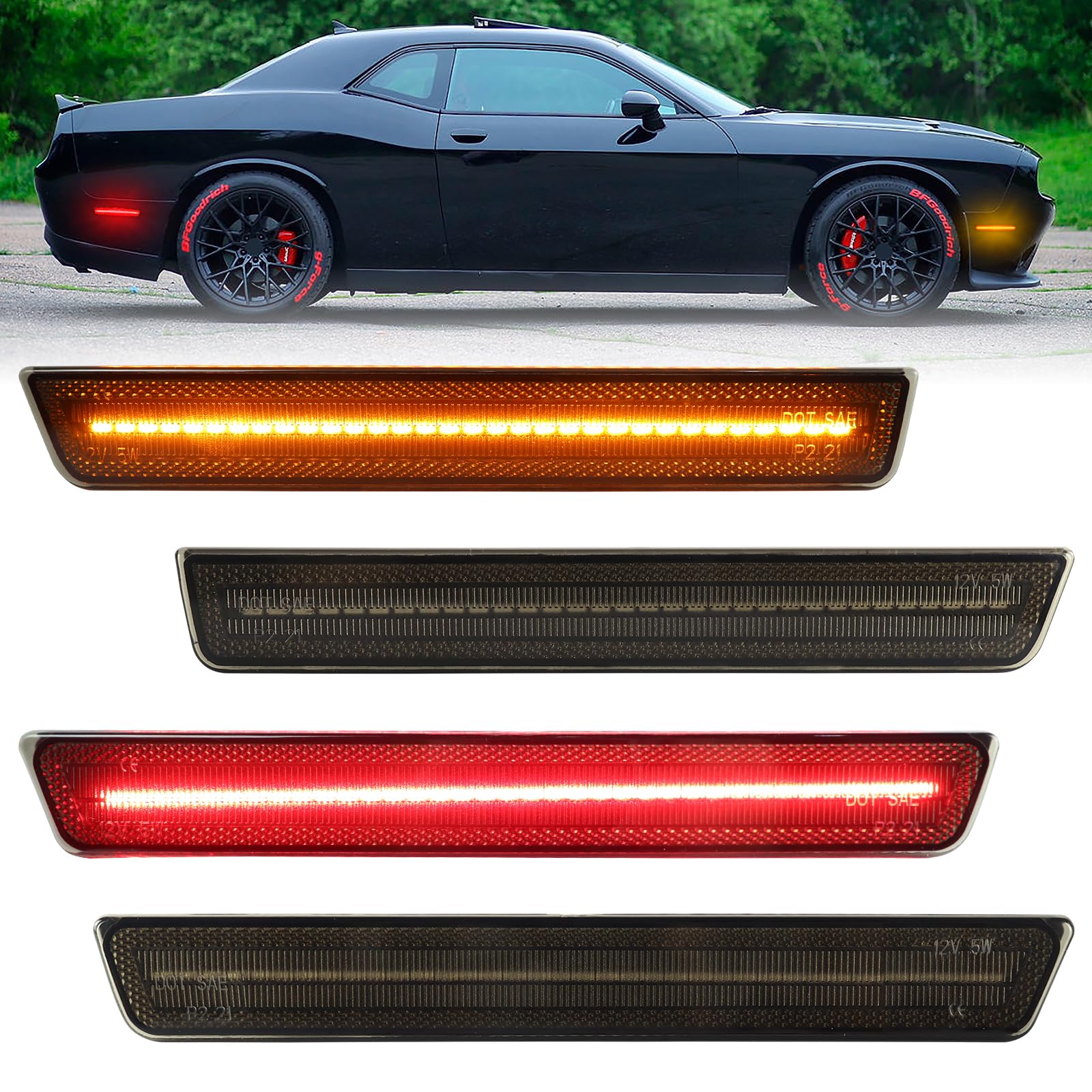 FetonAuto 4PCS LED Side Marker Lights for Dodge Challenger 2015 2016 2017 2018 2019 2020 2021 2022 2023, Smoked Lens Amber Red Front Rear Bumper Marker Lamp von FetonAuto