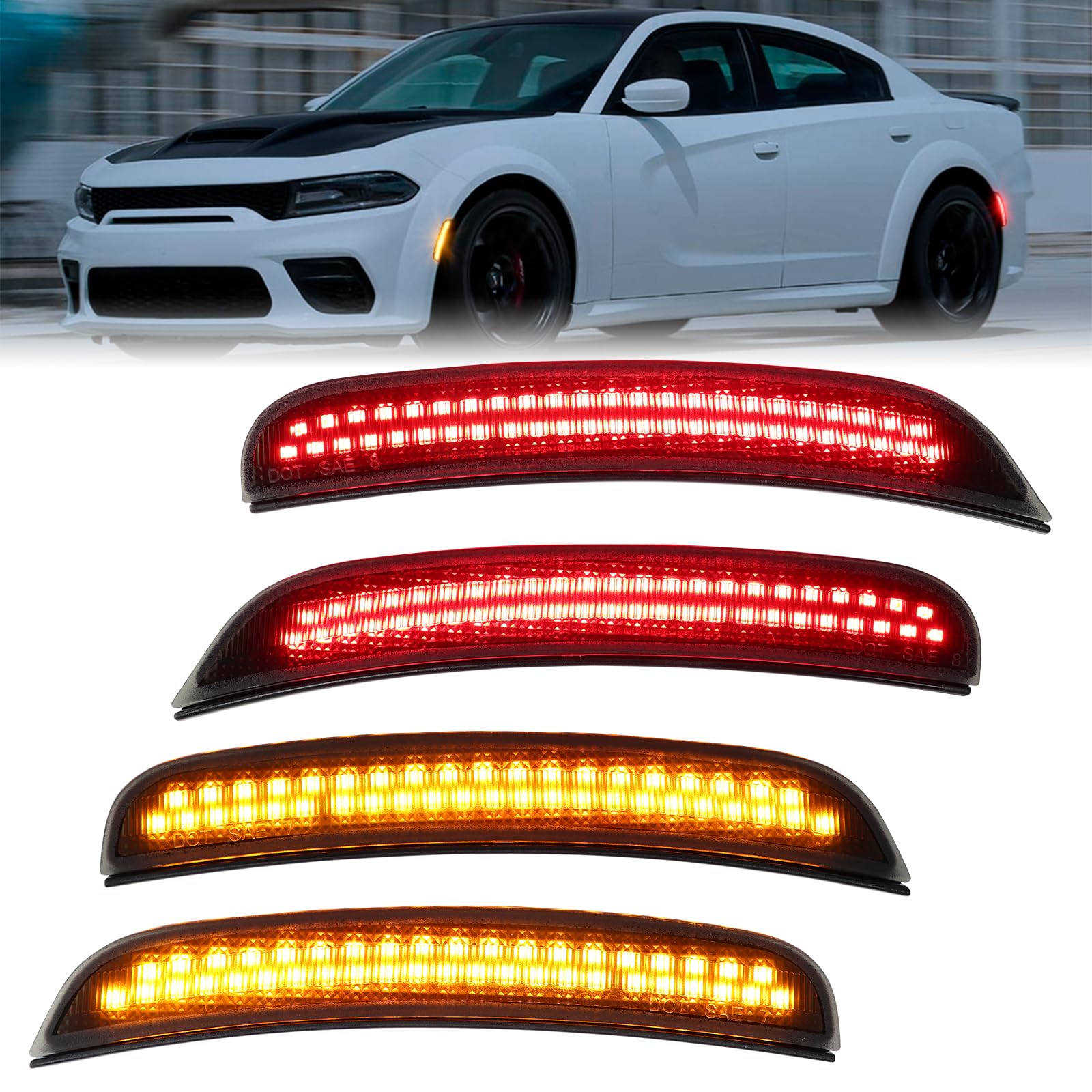 FetonAuto Amber Red LED Side Marker Lights for Dodge Charger SRT Hellcat Scat Pack 2015 2016 2017 2018 2019 2020 2021 2022 2023, Smoked Lens Front Rear Kit von FetonAuto