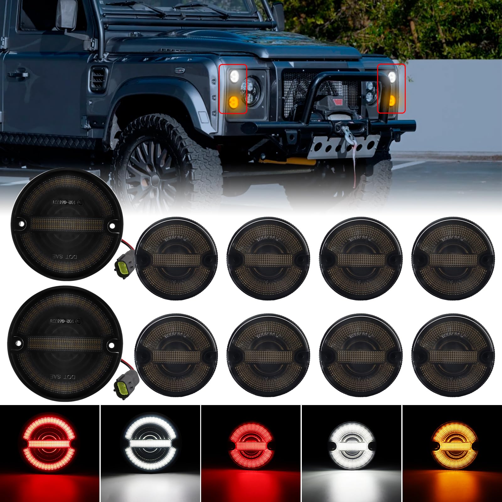 FetonAuto Defender Led Update Light Kits 10PCS with Plinth Retainer and Flasher, NAS Style Round Amber Indicatior Side Light Tail Fog Reverse Lights for Land Rover Defender 1990-2016, Smoked Lens von FetonAuto