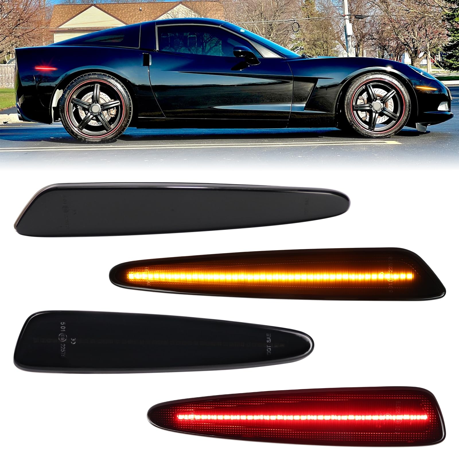 FetonAuto LED Seitenmarkierungsleuchten Kits kompatibel mit 2005-2013 Chevy C6 Corvette, geräucherte Linse Stoßstange Seitenmarkierungsleuchten Montage Ersatz von FetonAuto