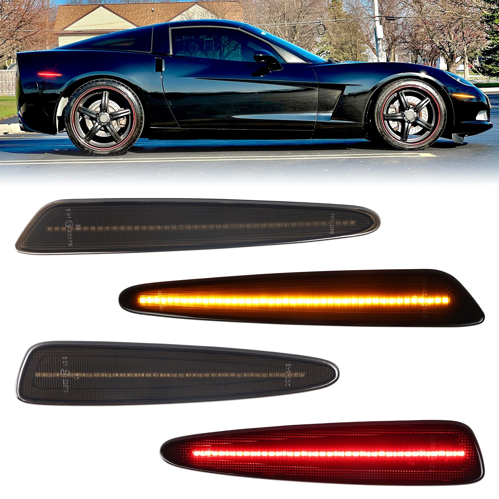 FetonAuto LED Seitenmarkierungsleuchten Kits kompatibel mit 2005-2013 Chevy C6 Corvette, geräucherte Linse Stoßstange Seitenmarkierungsleuchten Montage Ersatz von FetonAuto