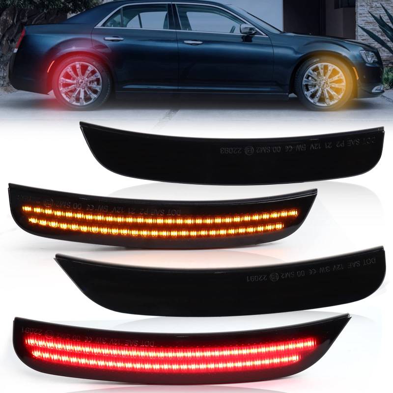 FetonAuto LED Side Marker Lights for Chrysler 300 2015-2022, Smoked Lens Front Rear Bumper Fender Sidemarker Amber Red Reflectors with Dual-row Lamp Strip von FetonAuto