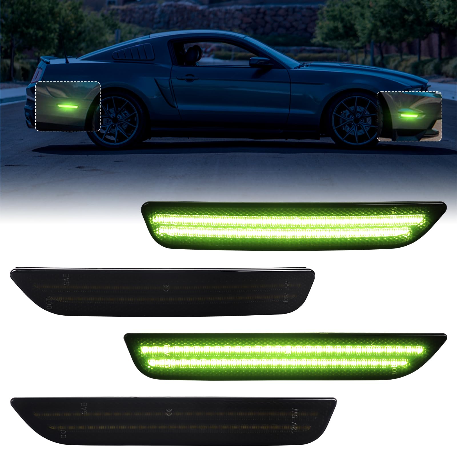 FetonAuto Smoked Lens Green LED Side Marker Reflectors Lights for Ford Mustang 2010 2011 2012 2013 2014 Front Rear Bumper Marker Lights Assembly, Pack of 4 FetonAuto Smoked Lens Green LED Side Marker Reflectors Lights for Ford Mustang 2010 2011 2012 2013 2014 Front Rear Bumper Marker Lights Assembly, Pack of 4 von FetonAuto