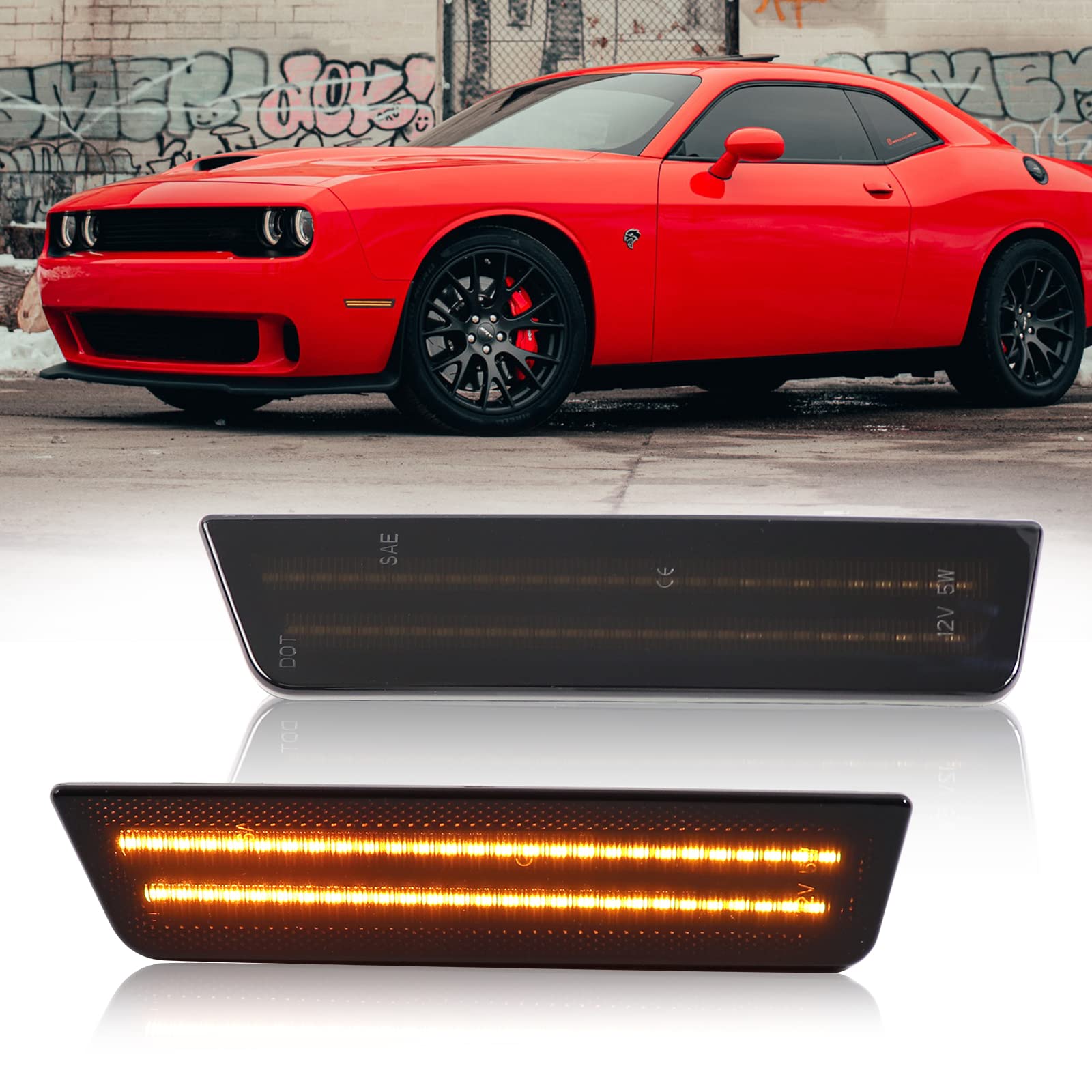 FetonAuto Smoked Lens LED Side Marker Lights Compatible with 2008-2014 Dodge Challenger and 2011-2014 Dodge Charger, Dual Row LED Front Bumper Reflector von FetonAuto