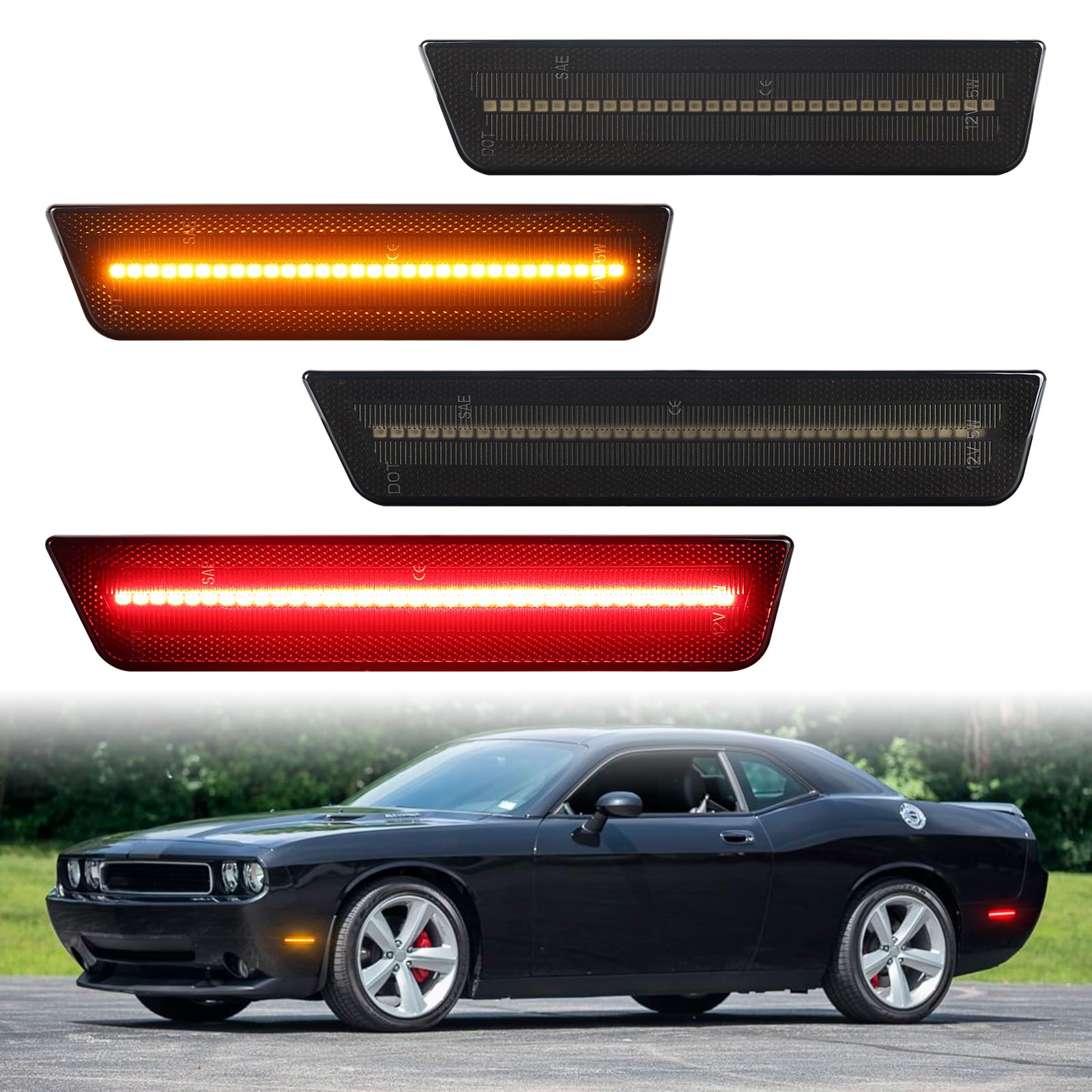 FetonAuto Smoked Lens LED Side Marker Lights for Dodge Challenger 2008-2014 for Dodge Charger 2011-2014, Amber Red Front Rear Bumper Turn Signal Reflector Lamps von FetonAuto