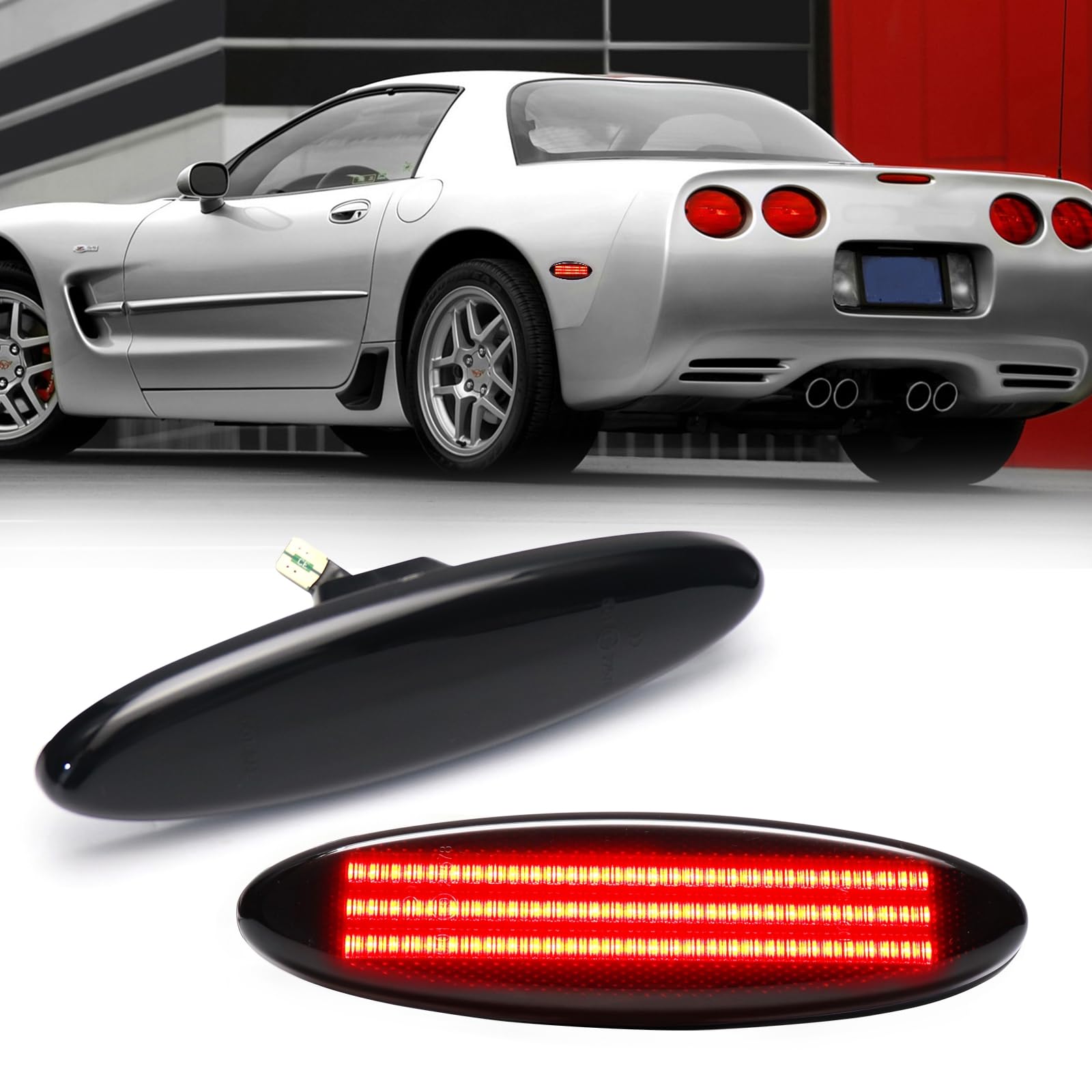 LED Seitenmarkierungsleuchten Ersatz für Chevy Chevrolet Corvette C5 Z06 1997 1998 1999 2000 2001 2002 2003 2004, Rote Voll-LED Seitenmarkierungsleuchten Stoßstangenblinker, geräucherte Linse von FetonAuto