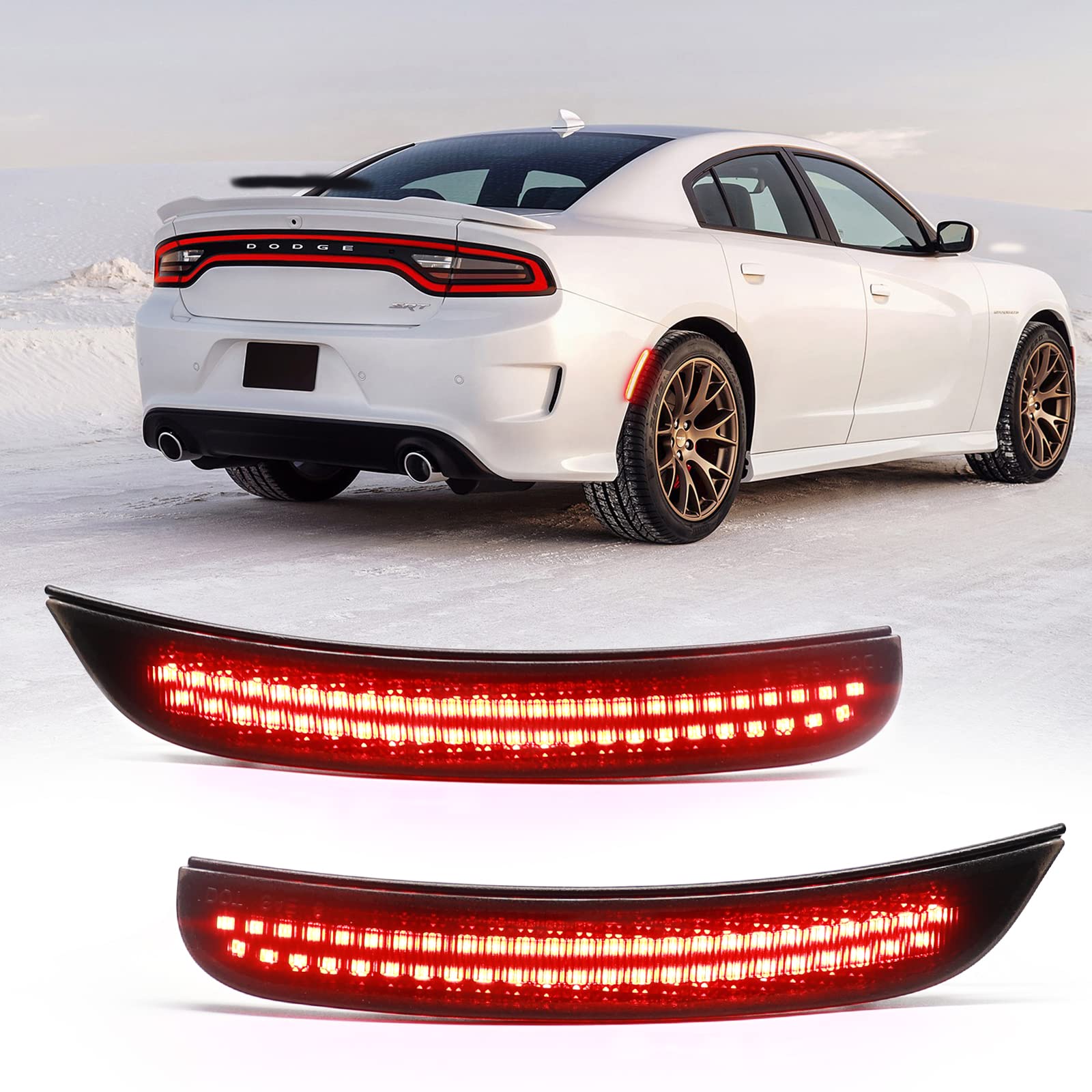 FetonAuto Rote LED-Seitenmarkierungsanzeigeleuchten kompatibel mit 2015-2020 Dodge Charger, hintere Stoßstangenleuchten mit zweireihigen SMD-Chips, geräucherte Linsenanzeige Baugruppe Ersatz von FetonAuto