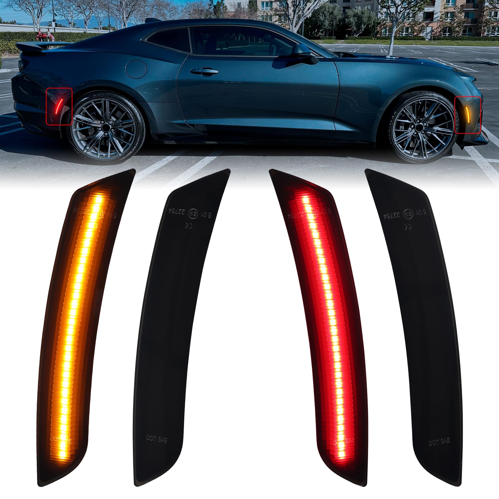 FetonAuto Seitenblinker Gelb Ultra Bright Car Side Lights Kompatibel mit Chevy Camaro 2016 2017 2018 2019 2020 2021 2022 2023, Front & Rear Amber Red LED Side Marker Light, 4pcs/set … von FetonAuto
