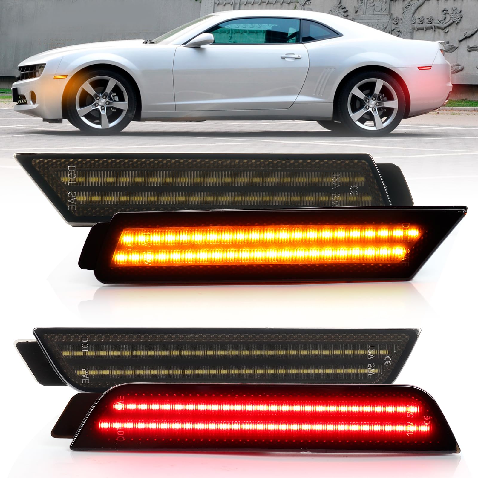 Smoked Lens Full LED Side Marker Lights for Chevy Camaro 2010 2011 2012 2013 2014 2015, Front Amber Red Rear Bumper Fender Turn Signal Reflectors, Pack of 4 von FetonAuto