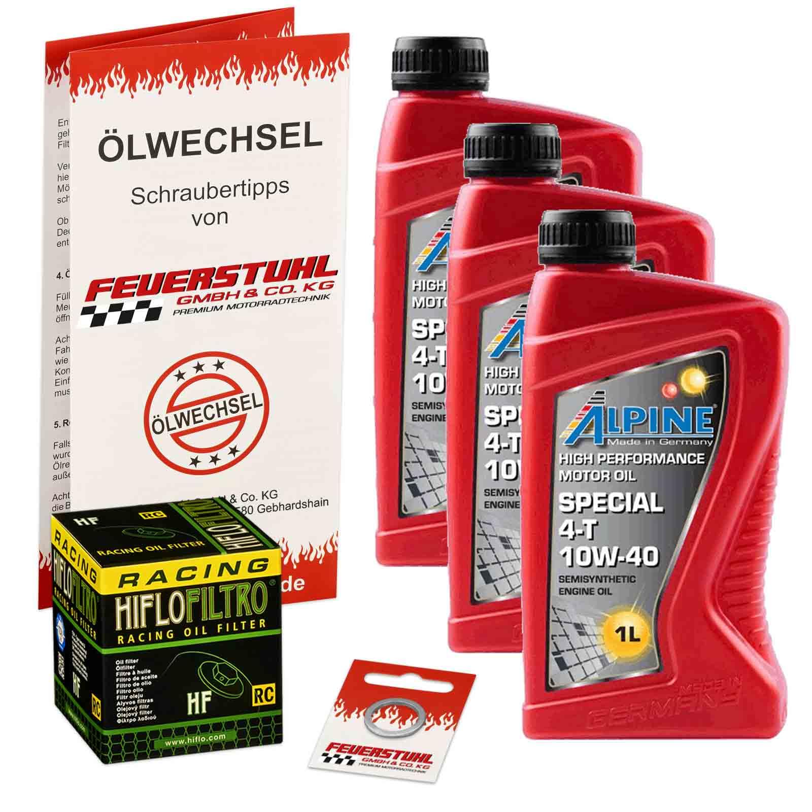 Öl & Ölfilter für Honda CB 650 F, 2014-2016 (RC75), Ölwechsel Set, Alpine 10W-40 Motoröl + HiFlo RACING Filter + Dichtring(e) von Feuerstuhl GmbH & Co. KG