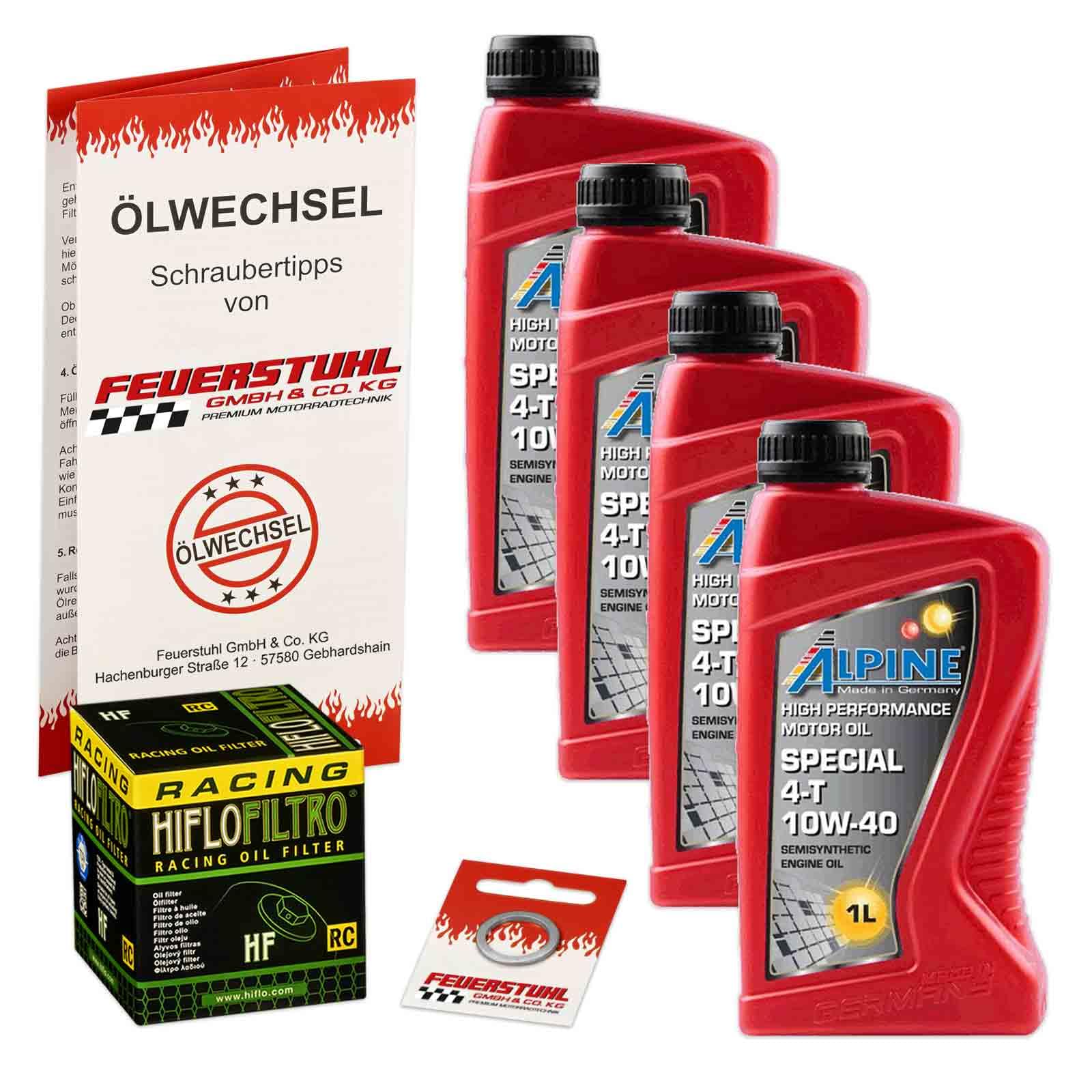 Öl & Ölfilter für Honda CBF 600, 2004-2007 (PC38), Ölwechsel Set, Alpine 10W-40 Motoröl + HiFlo RACING Filter + Dichtring(e) von Feuerstuhl GmbH & Co. KG