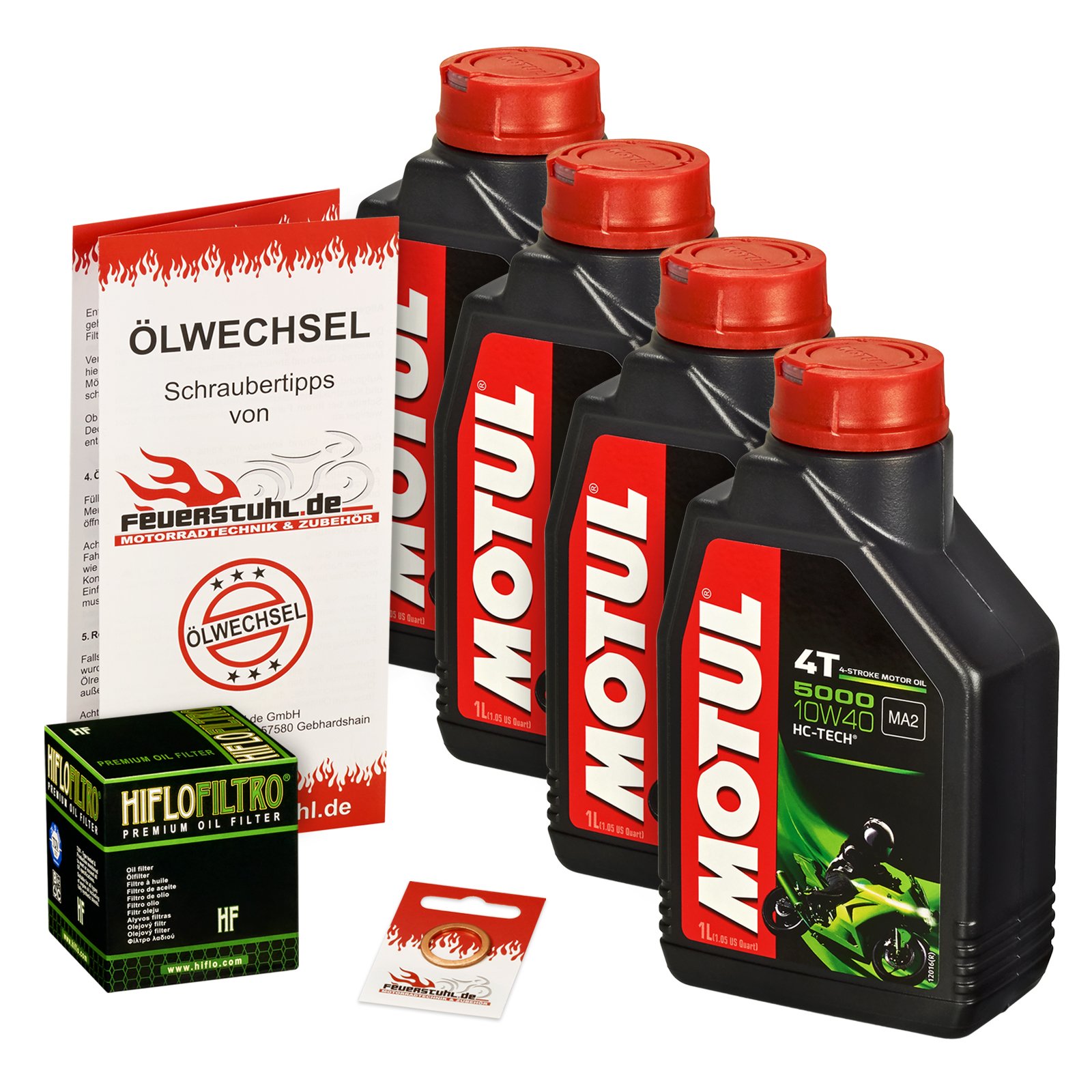 Motul 10W-40 Öl + HiFlo Ölfilter für BMW K 1200 GT/R/S/Sport, 04-08, K12S K12R K40 K43 K44 - Ölwechselset inkl. Motoröl, Filter, Dichtring von Feuerstuhl.de GmbH