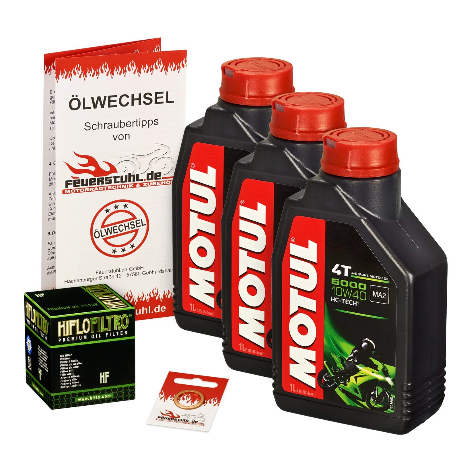 Motul 10W-40 Öl + HiFlo Ölfilter für Kawasaki KLE 500, 91-02, LE500A - Ölwechselset inkl. Motoröl, Filter, Dichtring von Motul