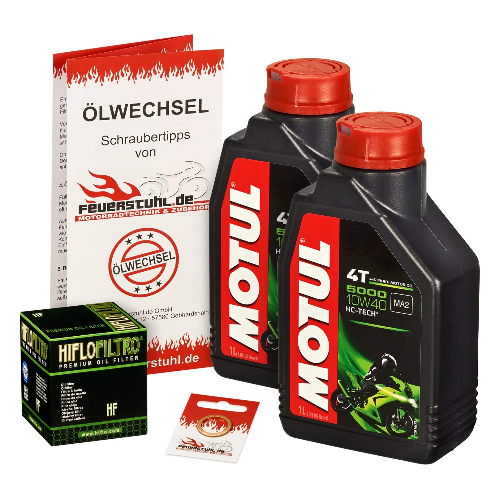 Motul 10W-40 Öl + HiFlo Ölfilter für Kawasaki KLR 250, 84-92, KL250D - Ölwechselset inkl. Motoröl, Filter, Dichtring von Motul