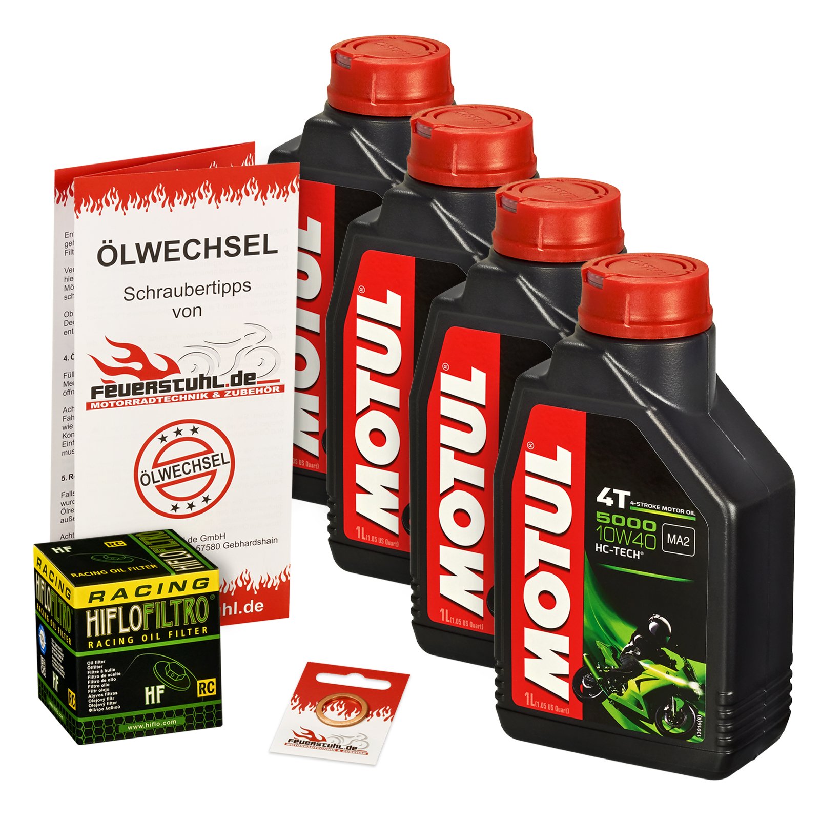 Motul 10W-40 Öl + HiFlo Ölfilter für Suzuki VL 800 Volusia, 01-04, BM - Ölwechselset inkl. Motoröl, Racing Filter, Dichtring von Feuerstuhl.de GmbH