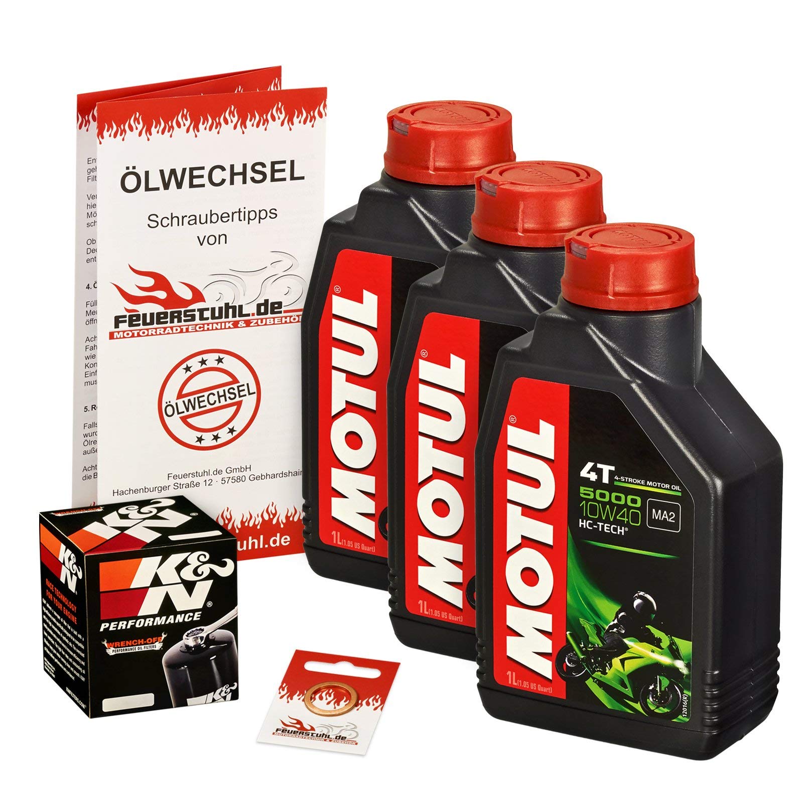 Motul 10W-40 Öl + K&N Ölfilter für Honda NTV 650 Revere, 88-97, RC33 - Ölwechselset inkl. Motoröl, Filter, Dichtring von Motul