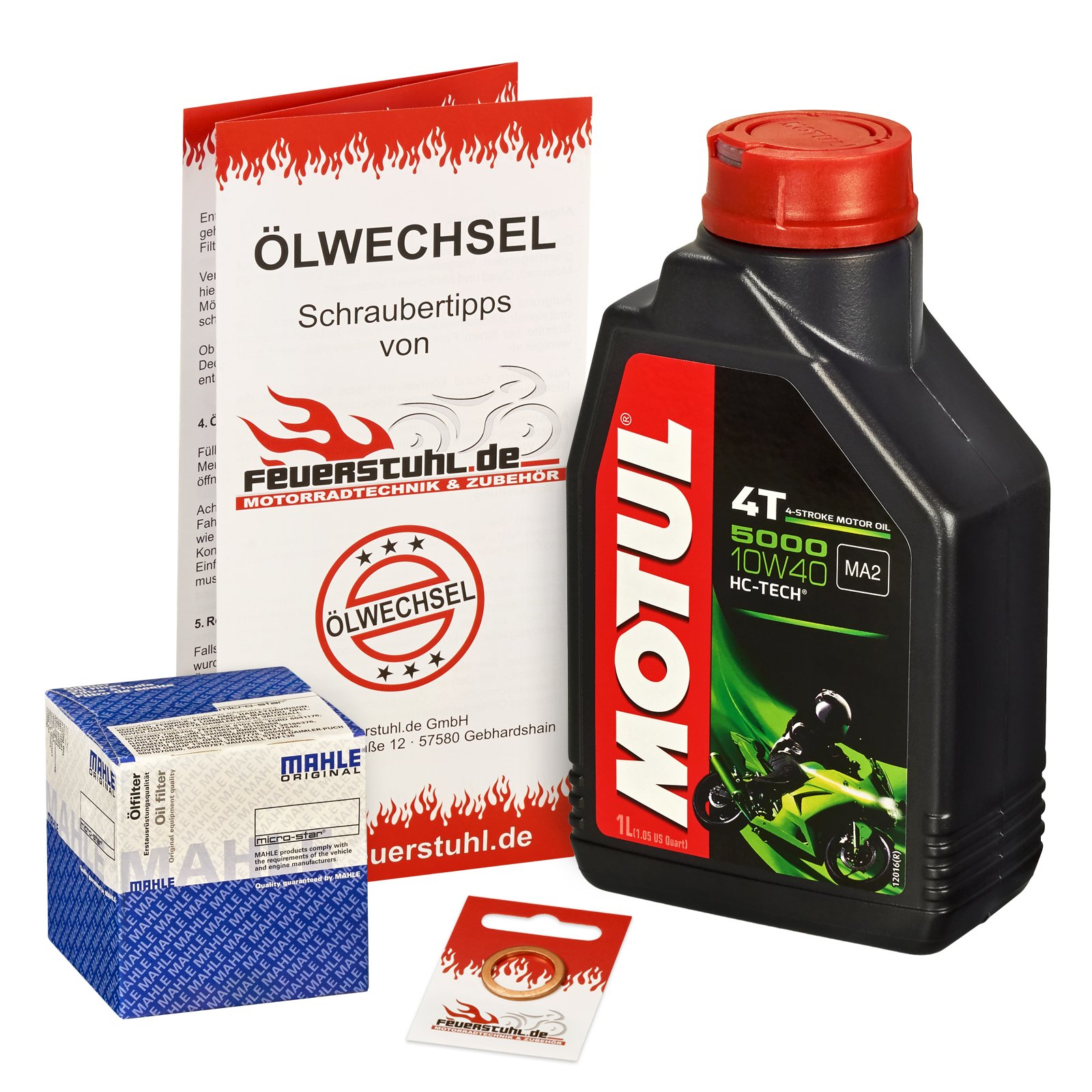 Motul 10W-40 Öl + Mahle Ölfilter für Suzuki GZ 125 Marauder, 98-13, AP - Ölwechselset inkl. Motoröl, Filter, Dichtring von Motul