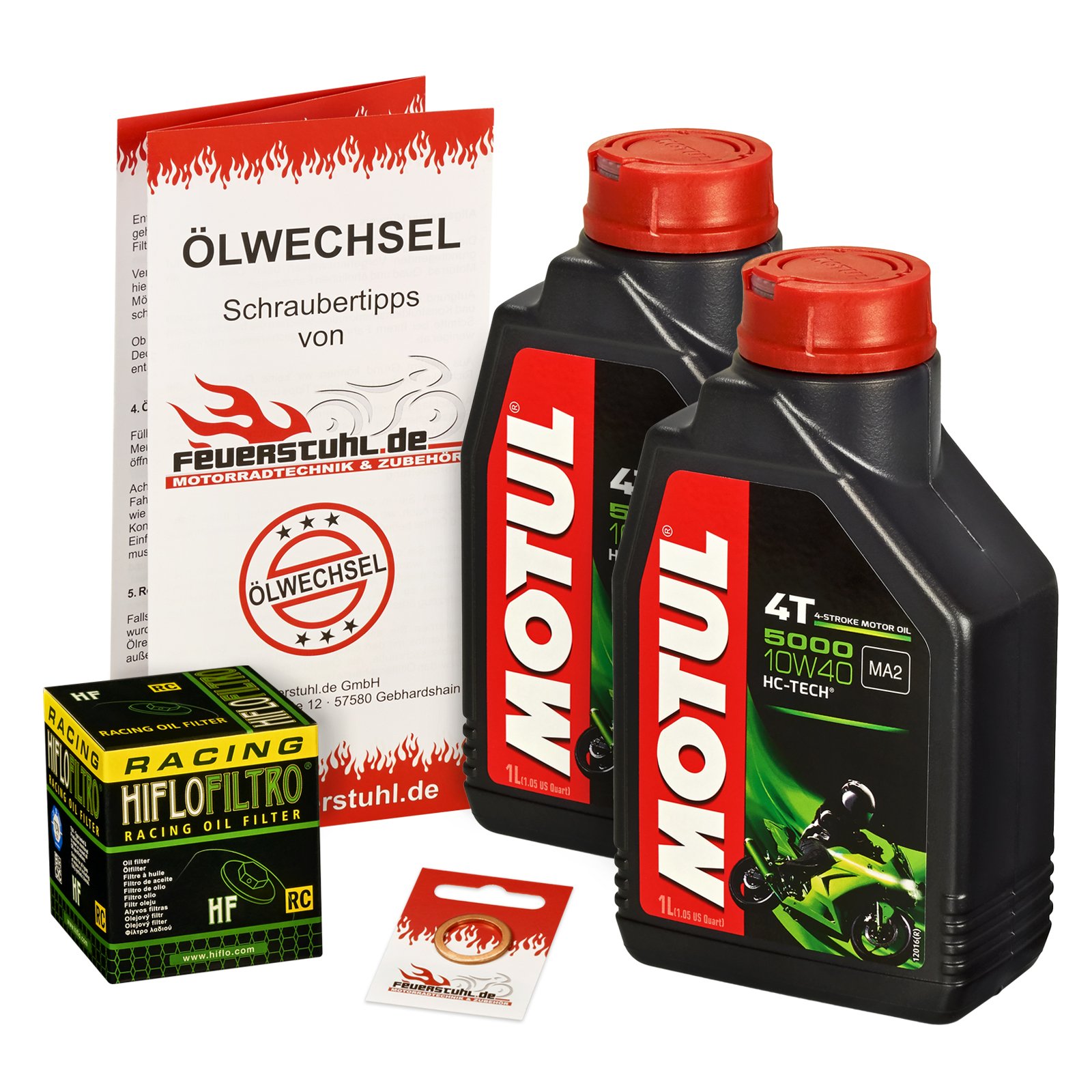 Motul 10W-40 Öl + HiFlo Ölfilter für Kawasaki KFX 700, 04-09 - Ölwechselset inkl. Motoröl, Racing Filter, Dichtring von Feuerstuhl.de GmbH