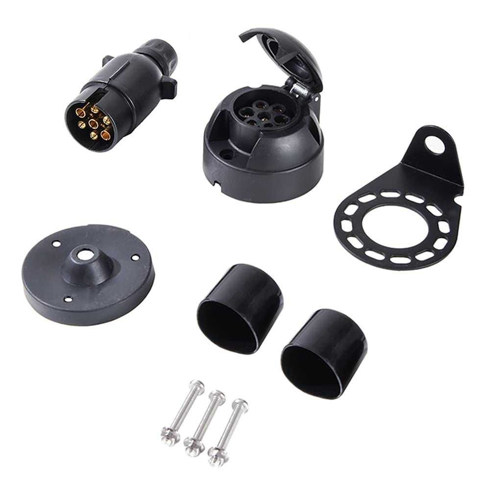 Feuunly 7 Polig Anhänger Stecker Steckdose, 12V Anhänger Stecker Steckdose 7 Polig Kit, Mit Stecker Steckdose Wasserdichtes Gummipad, Für Anhänger LKW PKW RV KFZ Wohnwagen Traktor (Schraubenende) von Feuunly