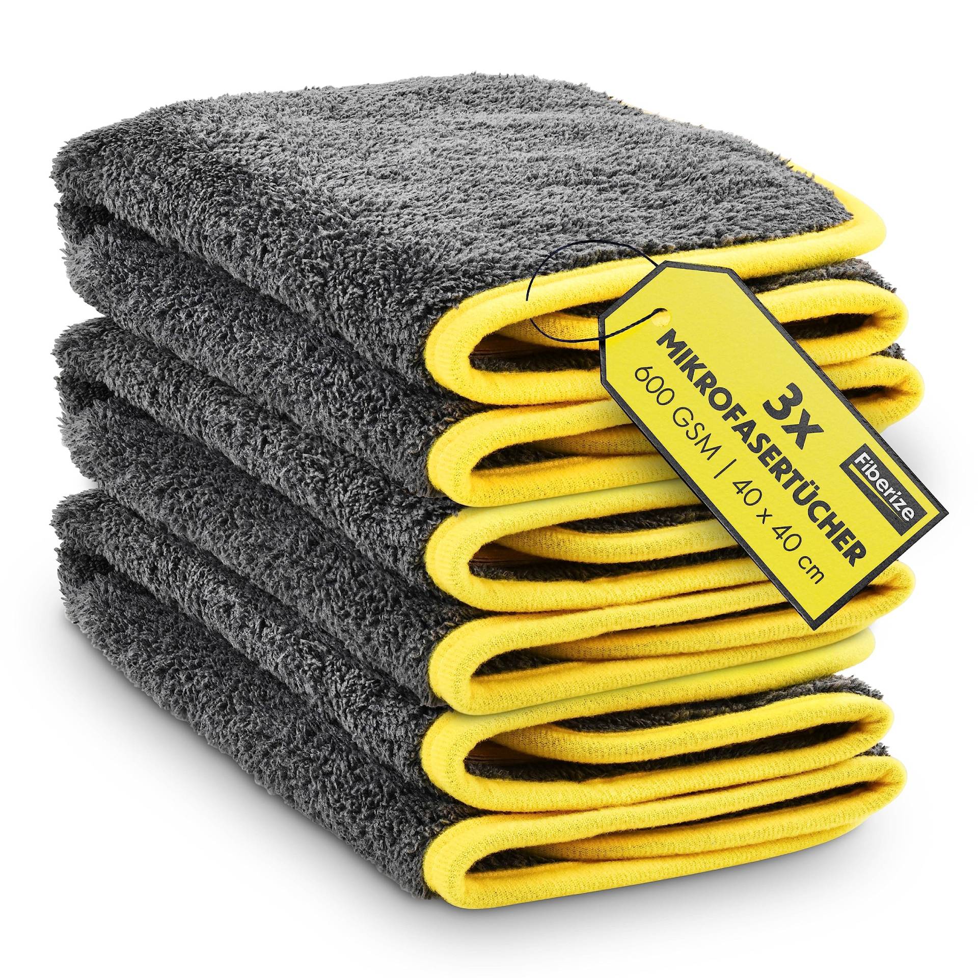 Fiberize® Mikrofasertücher Auto (3er Set) - flauschig weich & extrem saugstark - 100% fusselfrei Microfasertuch Autopflege, Mikrofasertuch Trockentuch, Poliertuch 600GSM, 40x40cm, 3 Stück von Fiberize