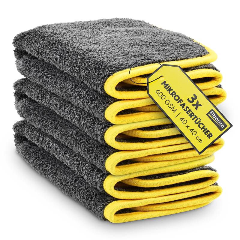Fiberize® Mikrofasertücher Auto (3er Set) - flauschig weich & extrem saugstark - 100% fusselfrei Microfasertuch Autopflege, Mikrofasertuch Trockentuch, Poliertuch 600GSM, 40x40cm, 3 Stück von Fiberize