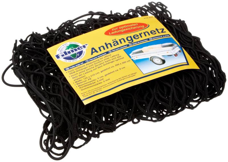 Filmer, 38015, Anhängernetz, 125 x 210 cm, gedehnt: 200 x 300 cm, Maschenweite: 40 x 40 mm, Maschenweite gedehnt: 90 x 90mm, hoch reißfeste Abdeckung für offene PKW-Anhänger, umlaufendes Gummiseil von FILMER