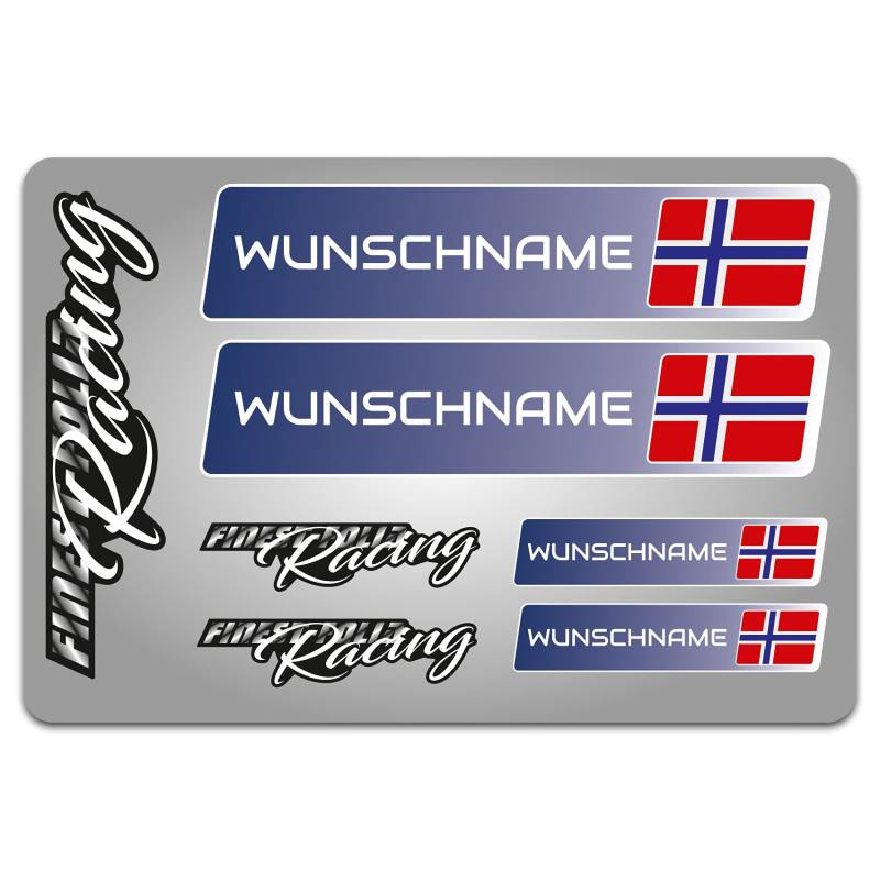 4er Set Aufkleber mit Fahne Flagge und wahlweise Name Sticker für Auto Fahrrad Motorrad Roller Helm im Rallye Racing Design R156 (20 Norwegen, Mit Wunschname) von Finest Folia