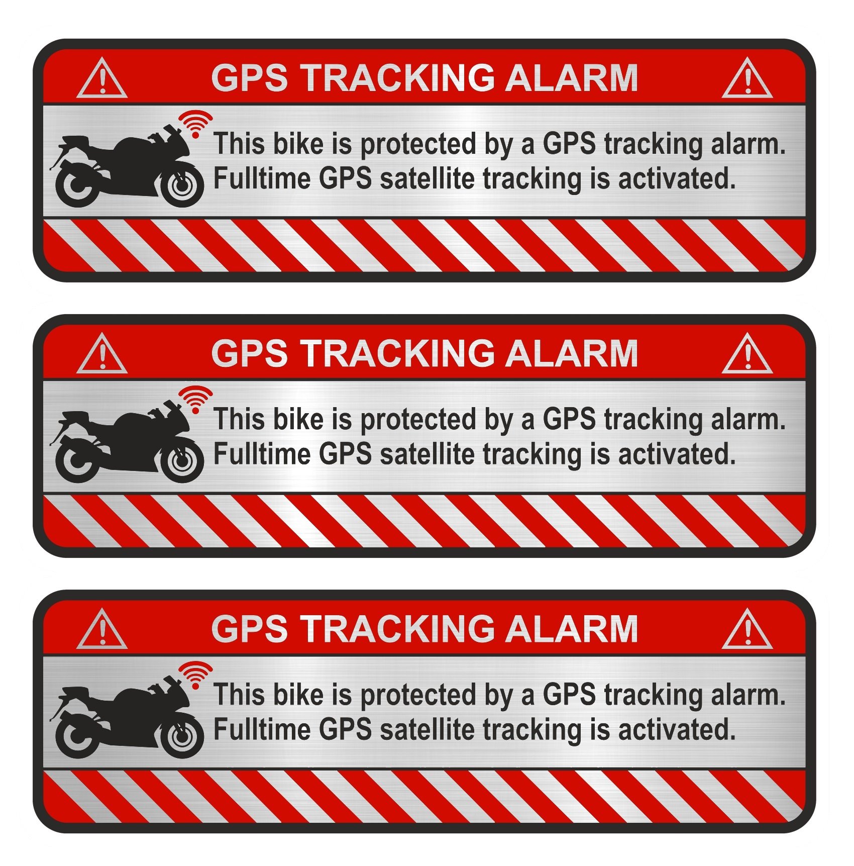 Finest-Folia 3X GPS Aufkleber Fahrrad Motorrad Auto Alarm Warnung Anti Diebstahl Sticker Tracker gesichert R056 (Aluminium Schliff Silber, Motorrad) von Finest-Folia