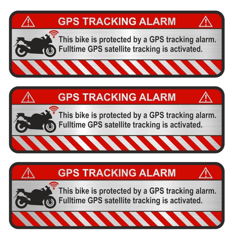Finest Folia 3X GPS Aufkleber Fahrrad Motorrad Auto Alarm Warnung Anti Diebstahl Sticker Tracker gesichert R056 (Aluminium Schliff Silber, Motorrad) von Finest Folia