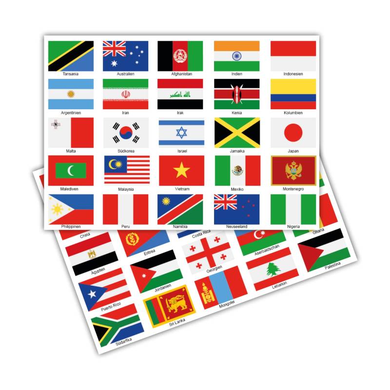 Finest Folia 50 Länderfahnen Flaggen Set auf 2 Din A4 Bögen Jede Fahne 4,9x3,3cm Aufkleber Sticker für Modellbau Fahrrad Auto Motorrad Deko Länder R108 (Weltweit) von Finest Folia
