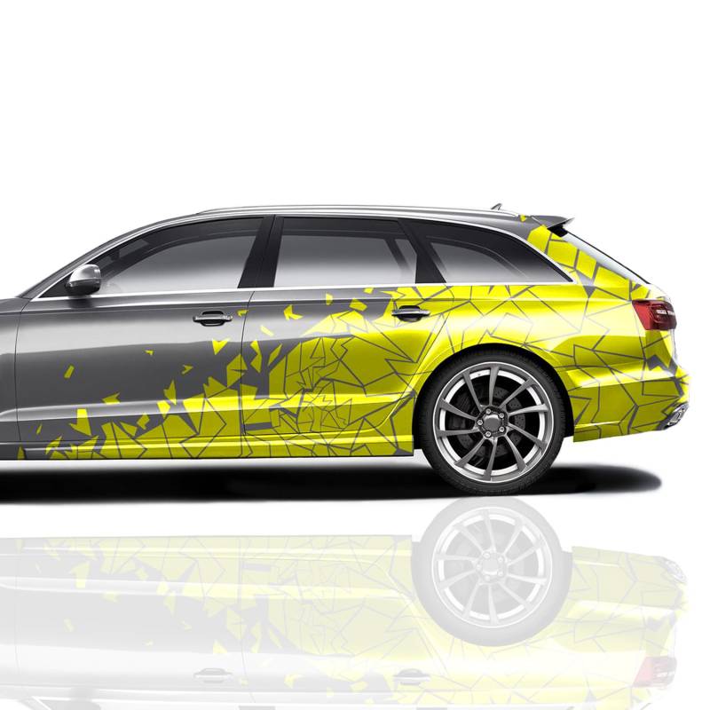 XXL Autoaufkleber Mosaik 2er Set je 60x200cm geometrisches Design Auto Seite Motorrad Bus Sticker Kfz Zubehör Broken Glass Camouflage Tuning Dekor KX074 (Gelb) von Finest Folia