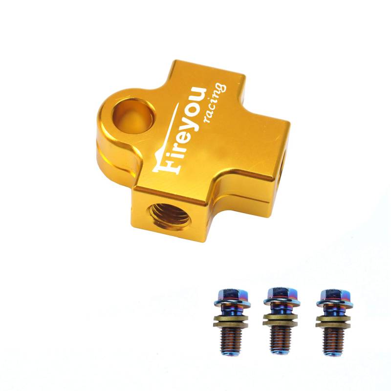Fireyouracing Aluminium 3-Wege-Adapter M10 * 1,25 Loch für Motorrad-Hydraulikleitung T-Stück, Gold, 1 Stück von Fireyouracing