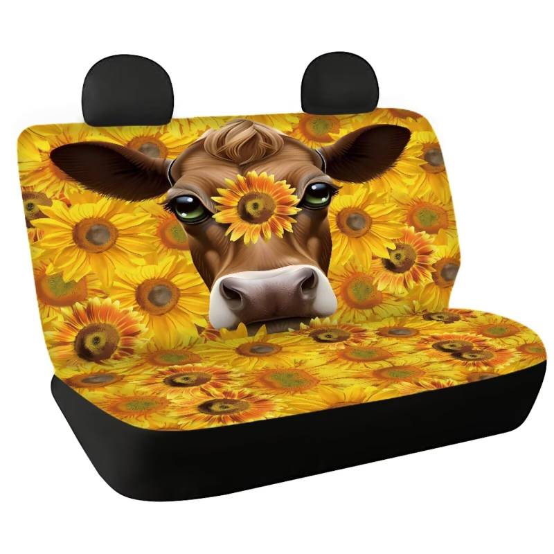 Fishidbird Rücksitzbezüge, Kuhdruck und Sonnenblumen-Design, 2-teiliges Set für Damen und Herren, dehnbar, Auto-Rücksitzschoner, modisches Dekor-Accessoire von Fishisbird