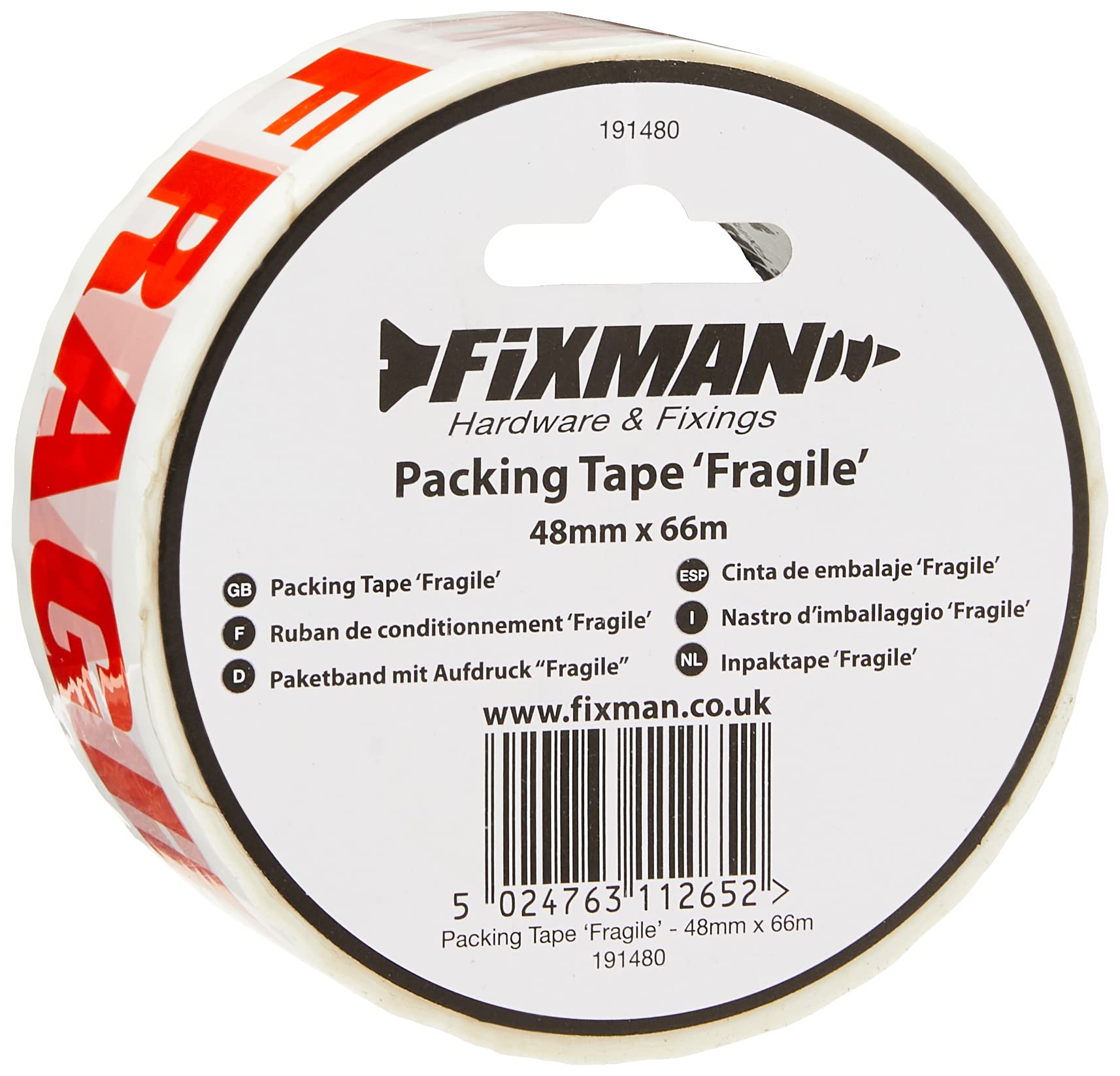 FIXMAN 191480 Paketband mit Aufdruck „Fragile“ 48 mm x 66 m von Fixman