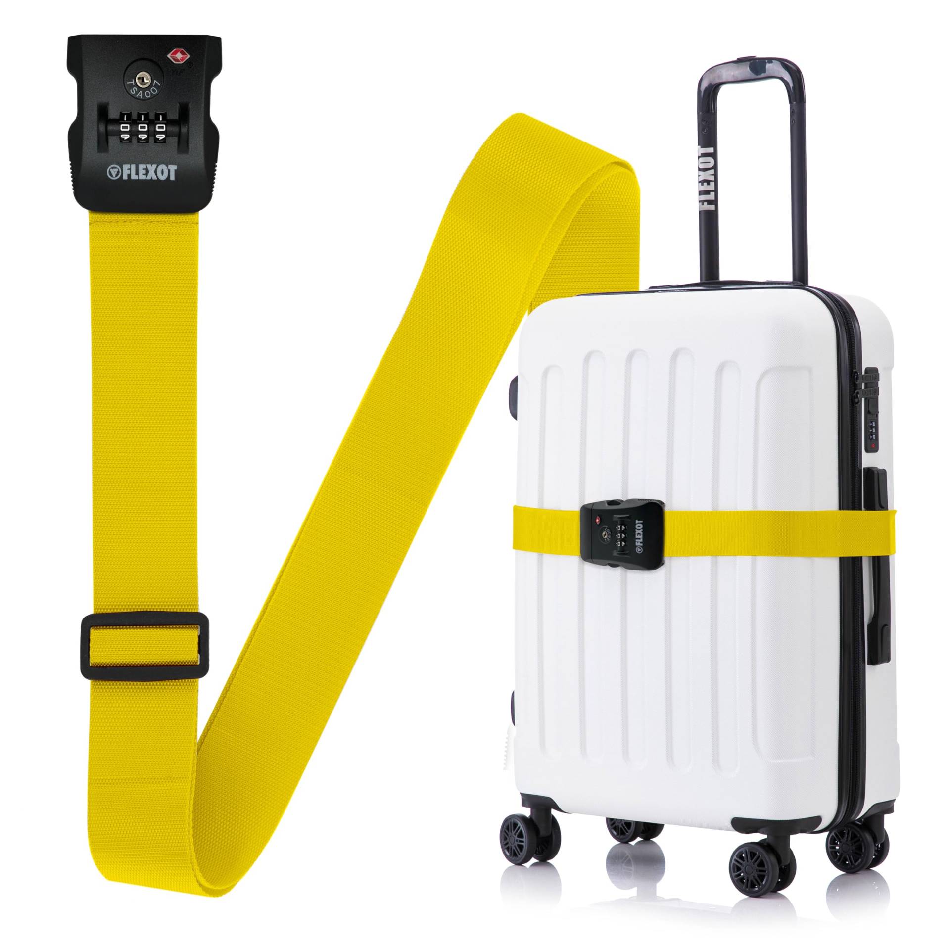 Flexot® F-3046 | Koffergurt mit Clip-Schnalle, TSA + Zahlenschloss | Verstellbare Länge | reißfestes Gewebe | für alle Koffer wie Handgepäck, Reisekoffer aus ABS oder Stoff (Gelb) von Flexot