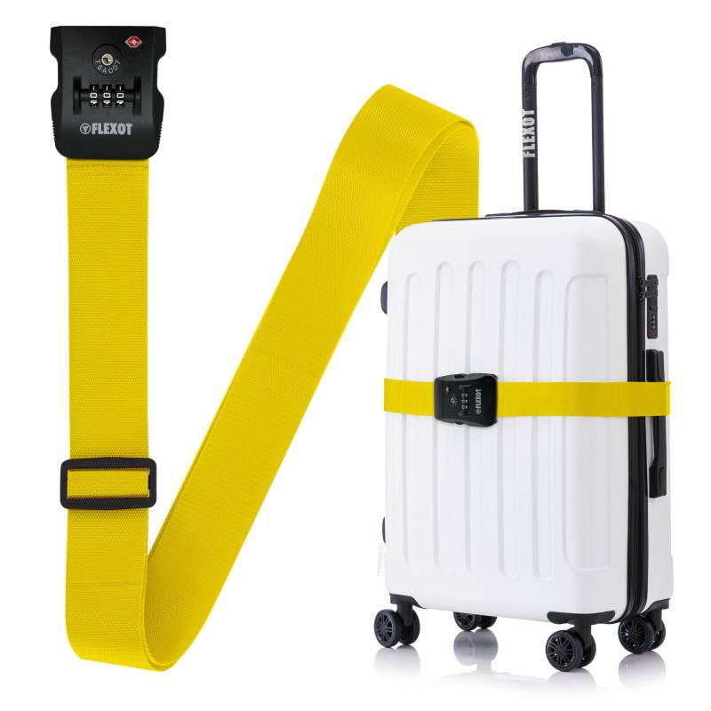 Flexot® F-3046 | Koffergurt mit Clip-Schnalle, TSA + Zahlenschloss | Verstellbare Länge | reißfestes Gewebe | für alle Koffer wie Handgepäck, Reisekoffer aus ABS oder Stoff (Gelb) von Flexot