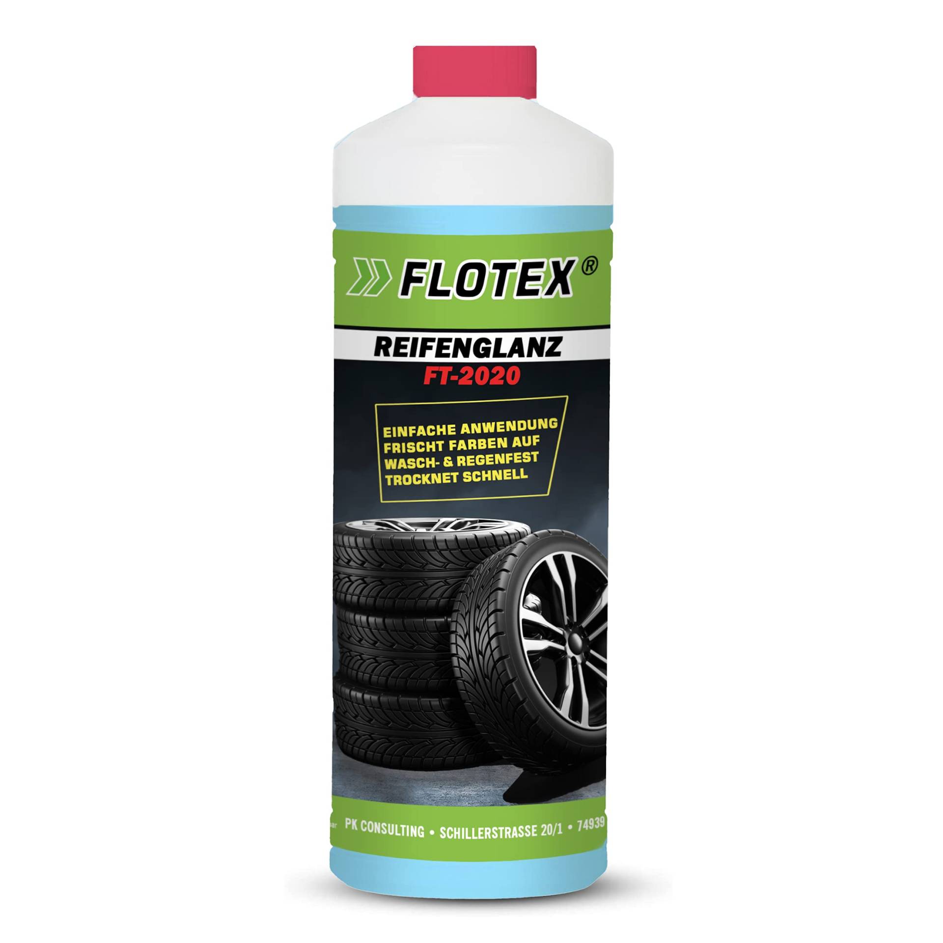 Flotex® 1L Reifenglanz - Auto Kunststoffpflege & Gummipflege für Außen - Schwarz - Reifenpflege für Reifenglanz - Autoreifen Pflege und Reifen Reiniger - Reifenschwarz Auto von Flotex